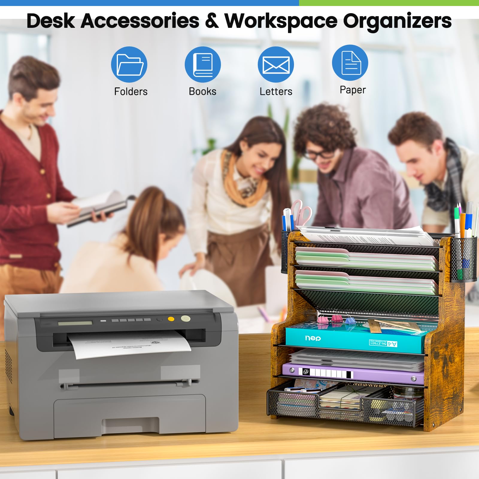 DAOUTIME 6-Tier Mesh Desk Organizer with Drawer, Wooden Office Organizer for Papers, Folders &