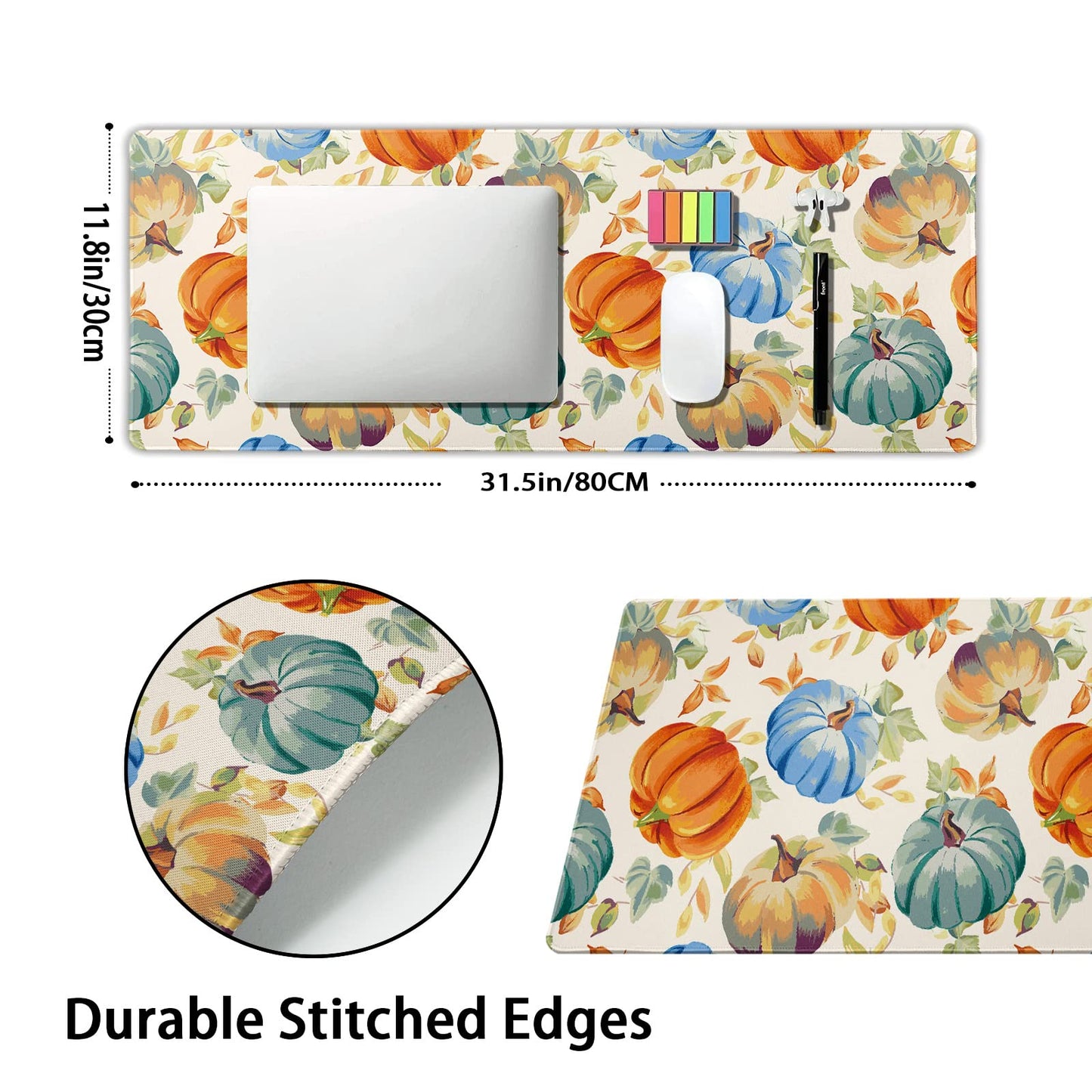 Watercolor Fall Pumpkins Gaming Mouse Pad XL Autumn Leaves Extended Big Large Desk Mat Non-Slip
