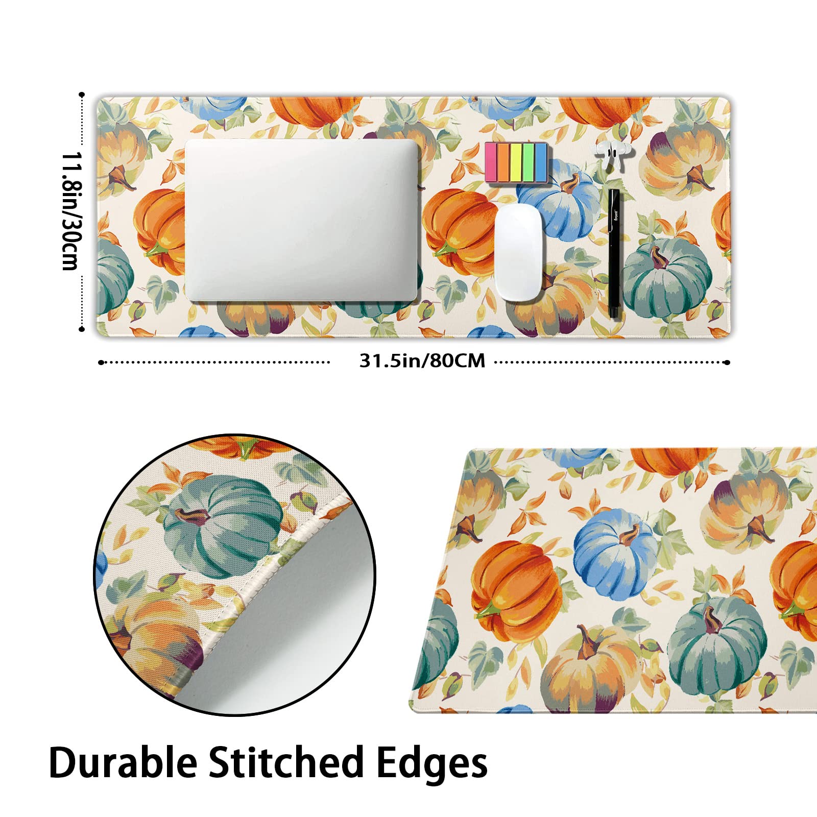 Watercolor Fall Pumpkins Gaming Mouse Pad XL Autumn Leaves Extended Big Large Desk Mat Non-Slip