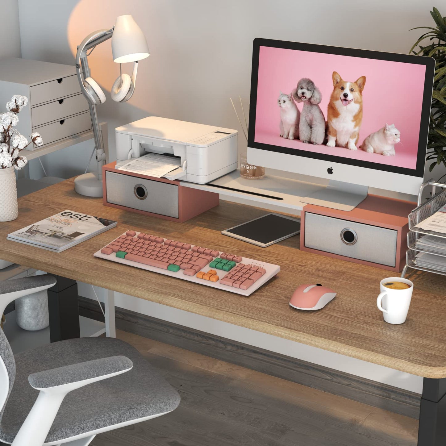 WESTREE Dual Monitor Stand Riser with Two Drawers, Extra Large Storage Monitor Stand for 2