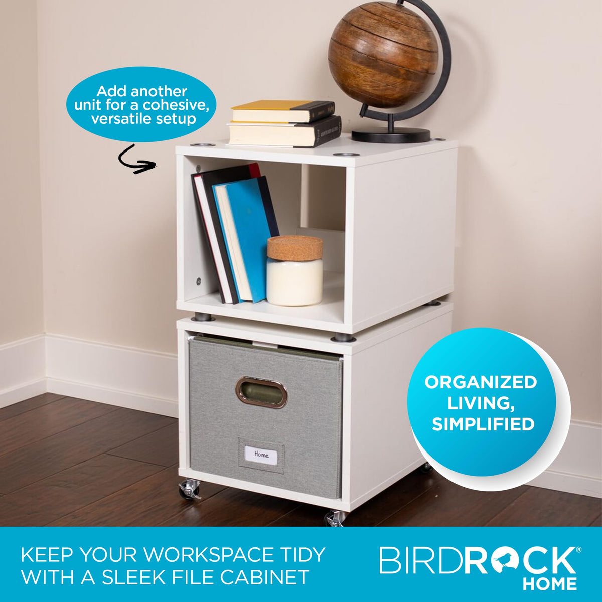 BIRDROCK HOME Rolling File Cabinet – Decorative Storage Shelf w/Removable Bins, Handles, and Wheels