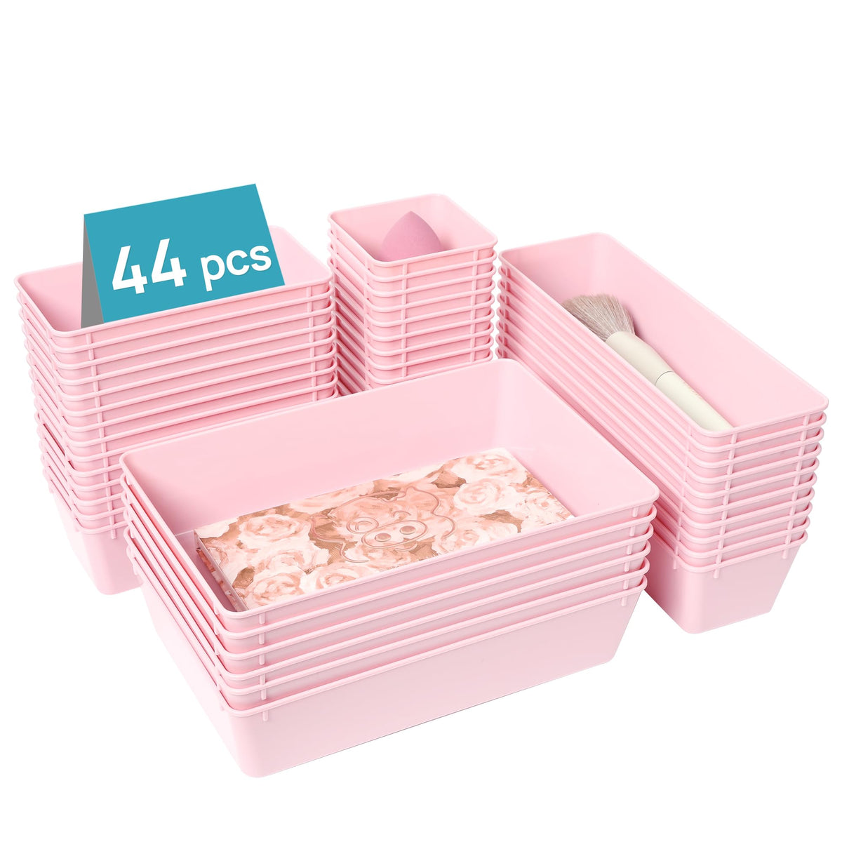 Vtopmart 44 PCS Plastic Drawer Organizers Set, Vanity Organizer Trays, Pink