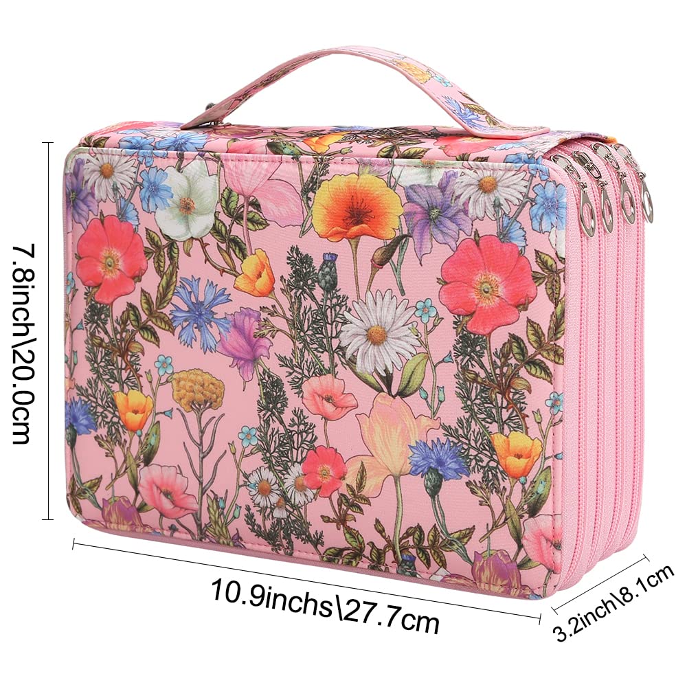 Vomgomfom 200 Slots Pencil Case 4-Layer PU Leather, Handle, Pink Flower