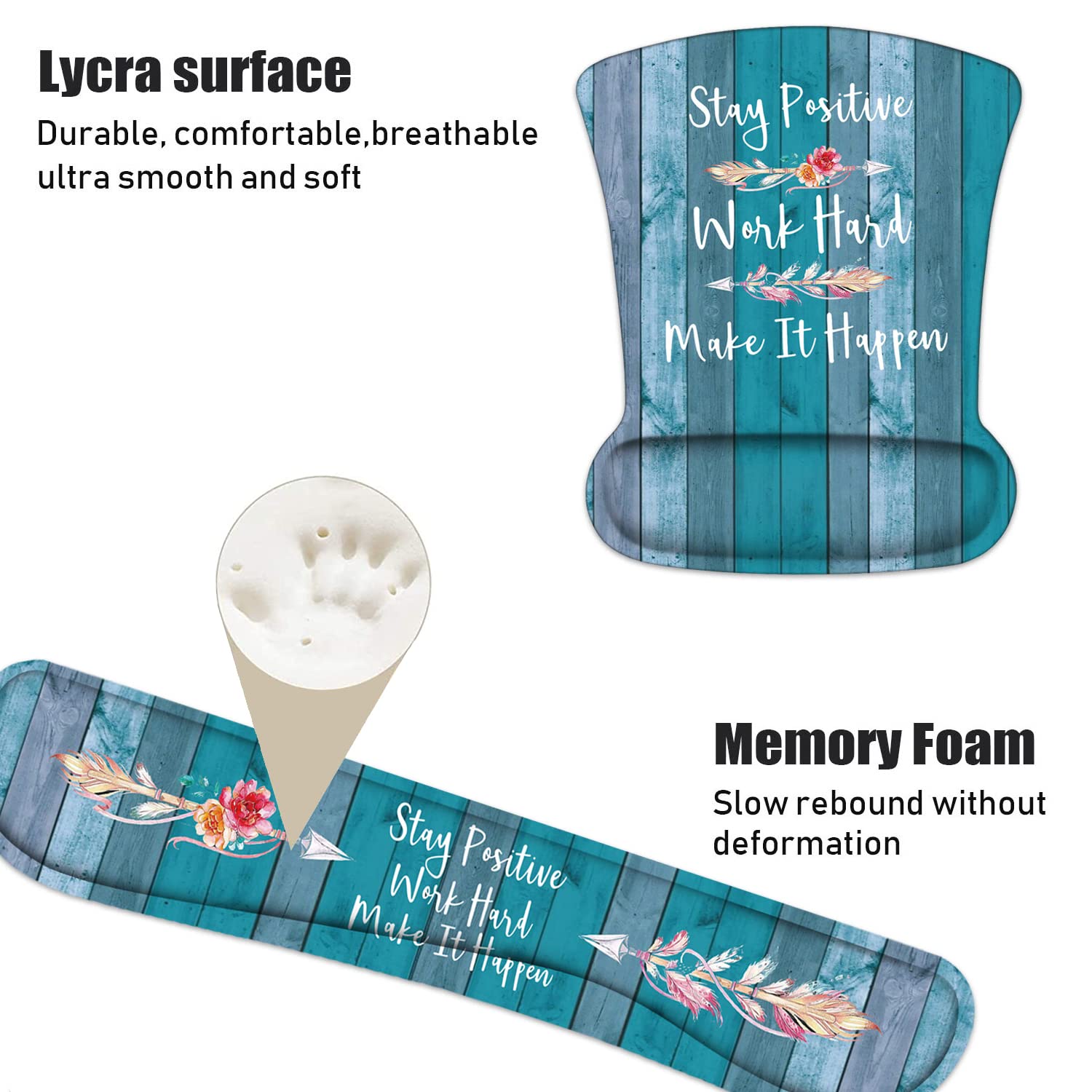 Keyboard Wrist Rest and Mouse Pad Wrist Support Set with Coasters, Stay Positive Work Hard and Make