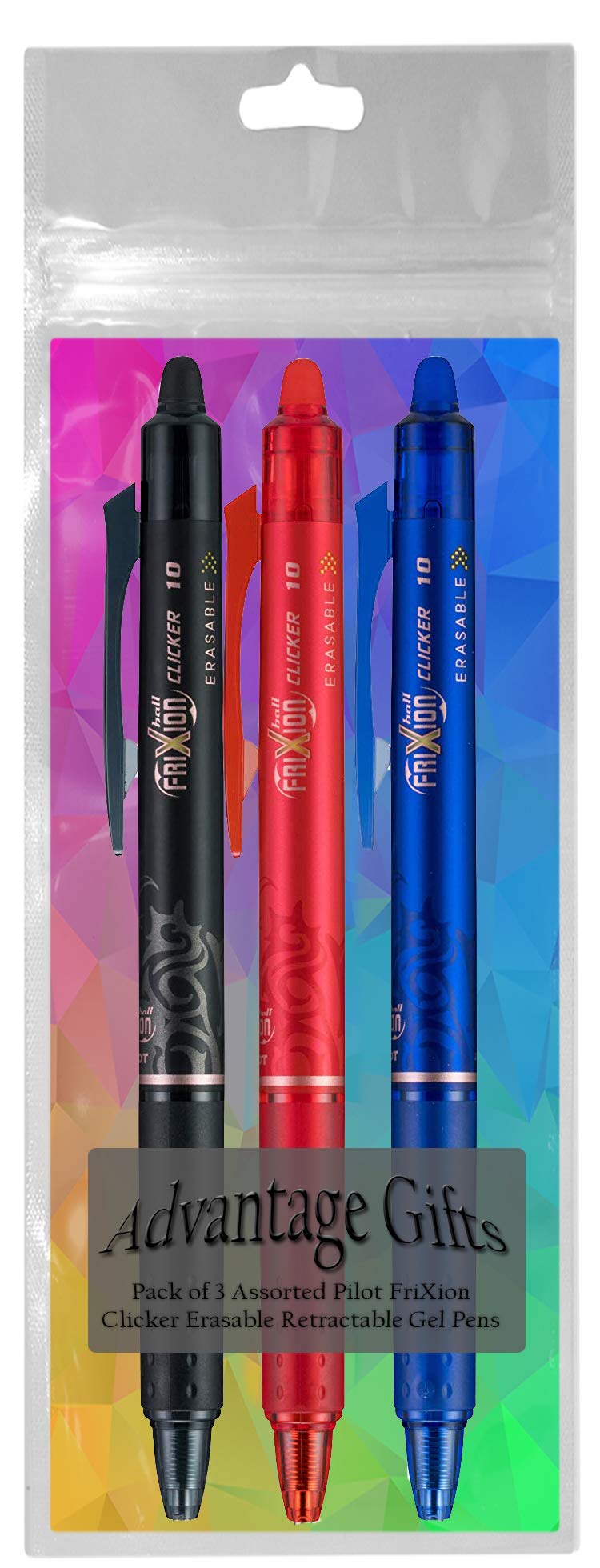 Advantage Gifts Clicker Retractable Erasable Gel Pen, Black/Blue/Red Bold Point, 3-pk; Bundle with