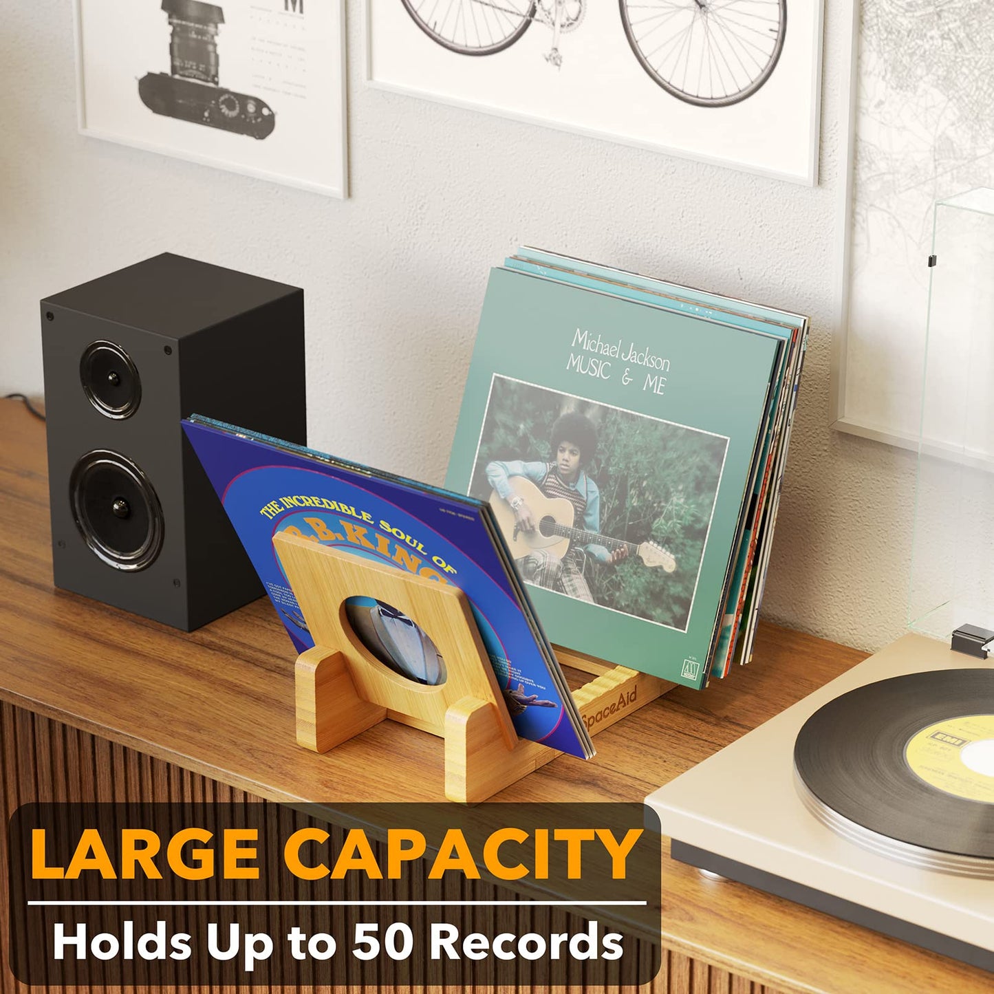 SpaceAid Bamboo Vinyl Record Storage Holder Shelf, Holds Up to 50 Albums, 7 or 12 inch LPs, Vinyl