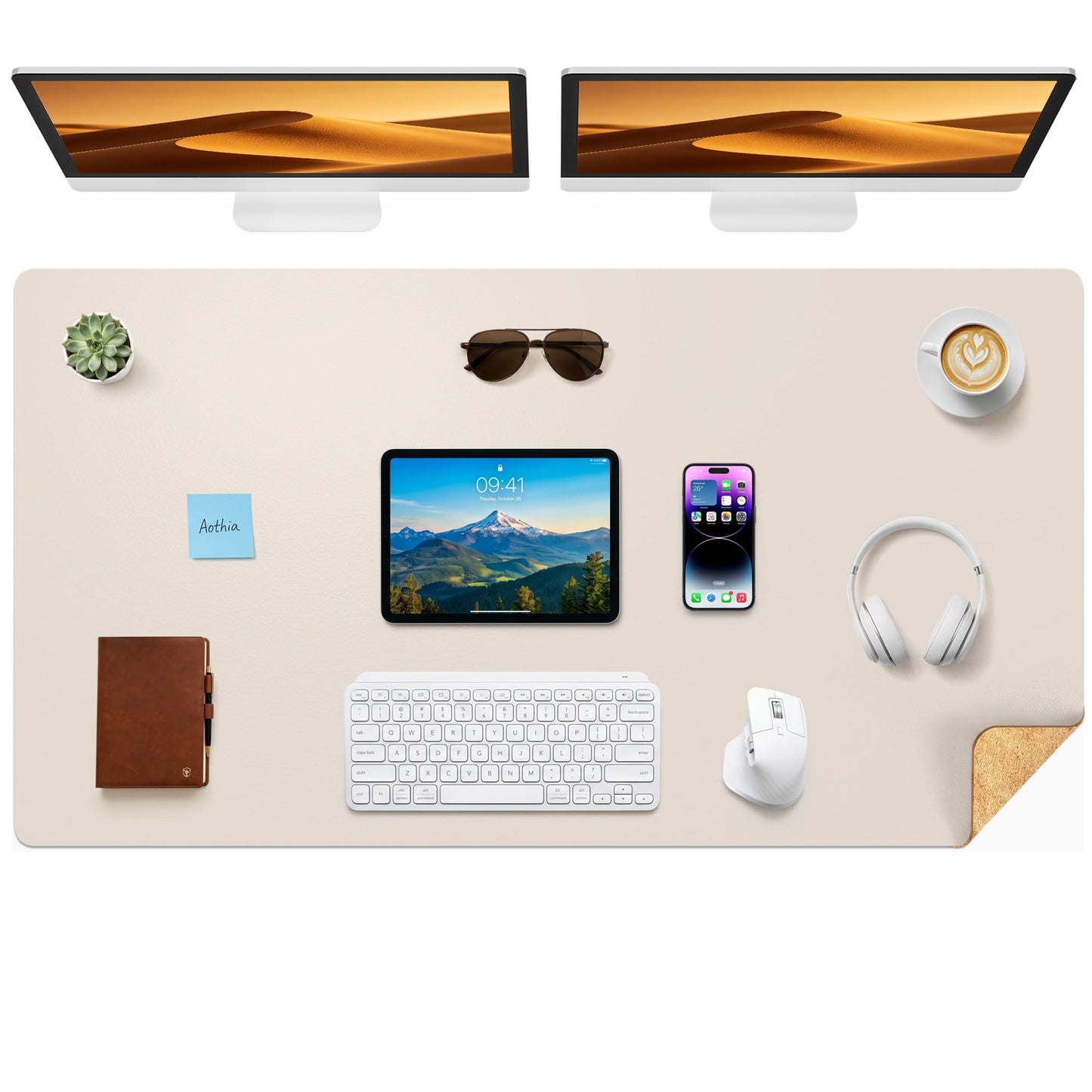 Aothia Dual-Sided Desk Mat, FSC Cork & PU Leather Desk Pad, Large Mouse Pad & Writing Surface for