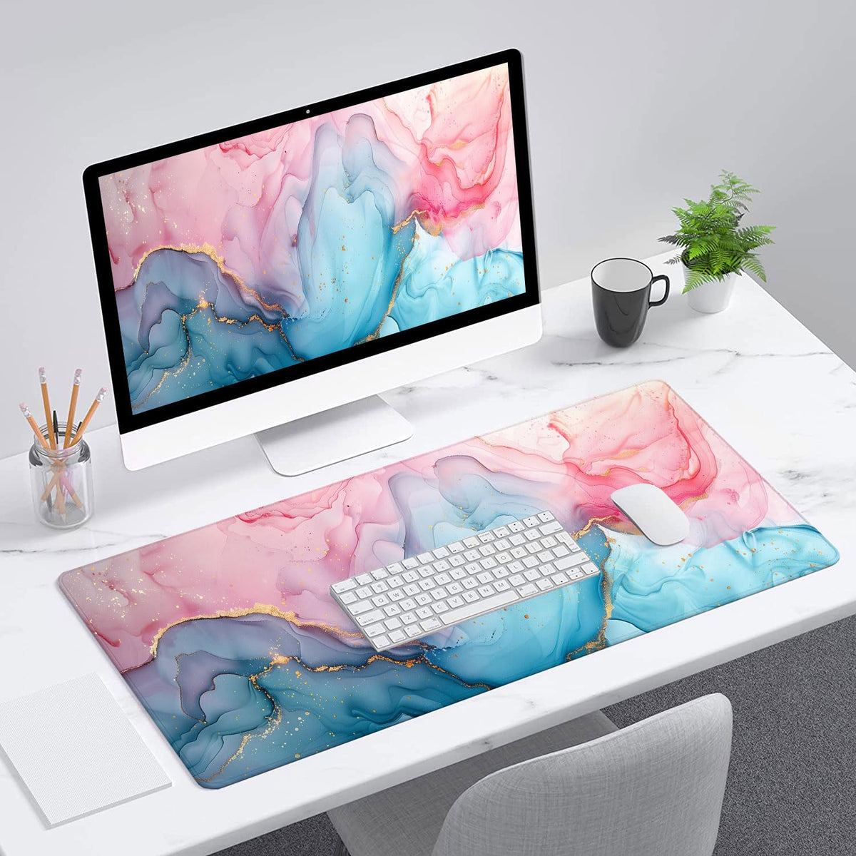 Pink Cyan Marble Desk Mat Blue Gold Marble Mousepad XL Large Gaming Mouse Pad Laptop Keyboard Mat
