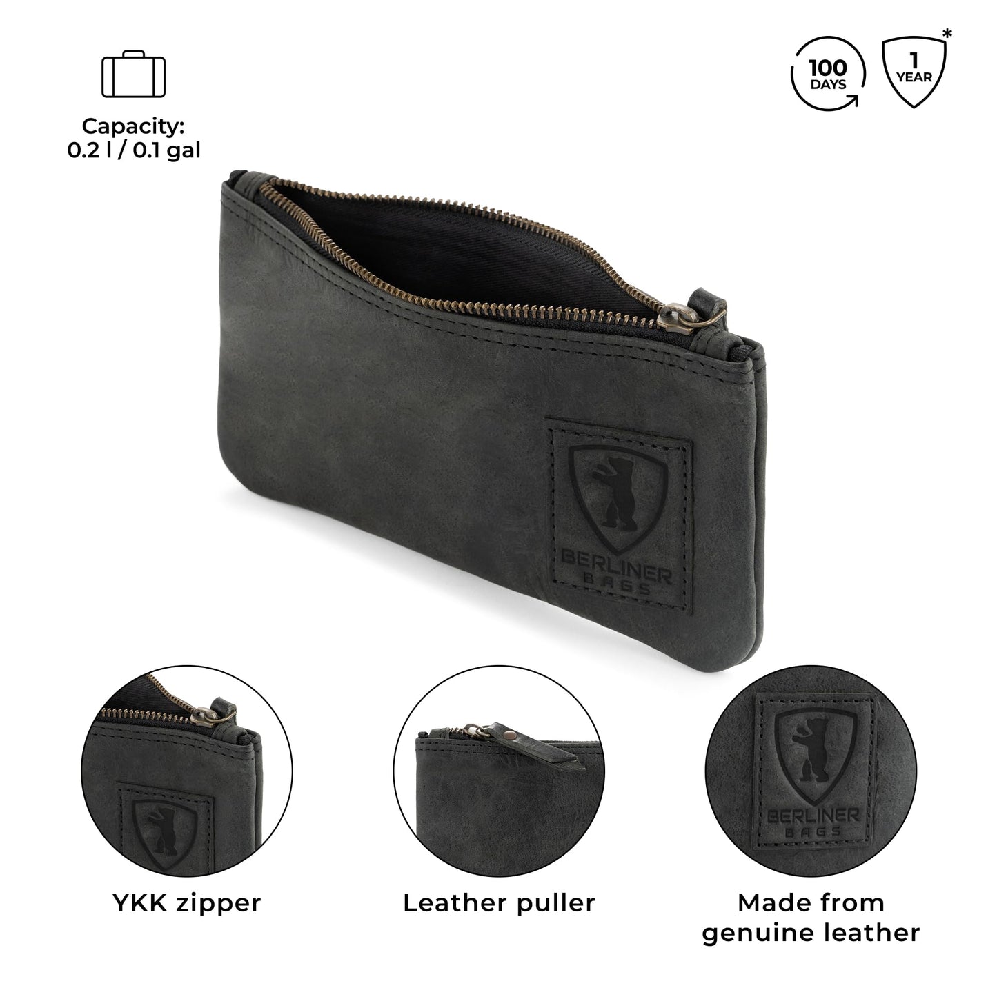 BERLINER BAGS Genuine Leather Pencil Case, Vintage Pen Pouch - Dark Grey