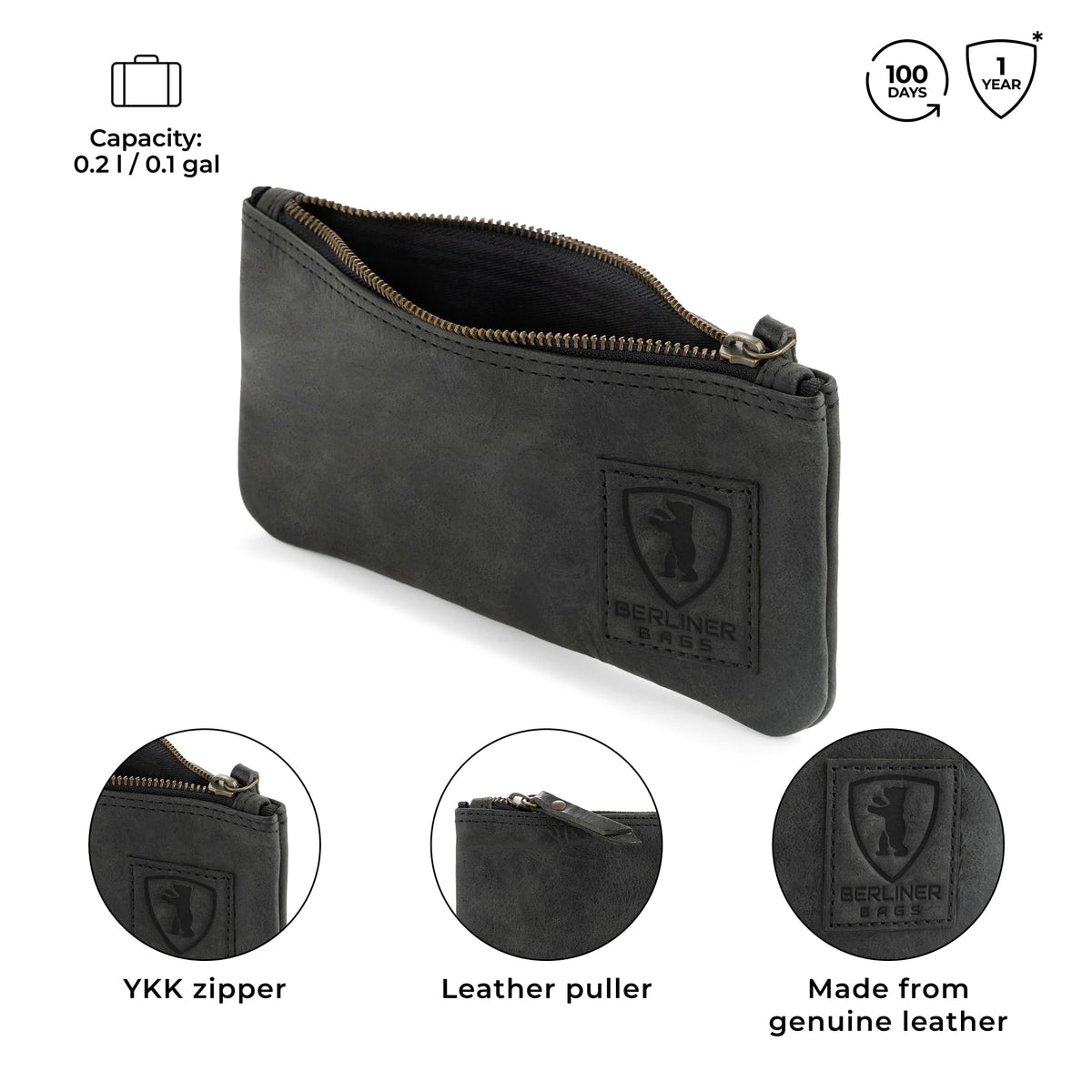 BERLINER BAGS Genuine Leather Pencil Case, Vintage Pen Pouch - Dark Grey