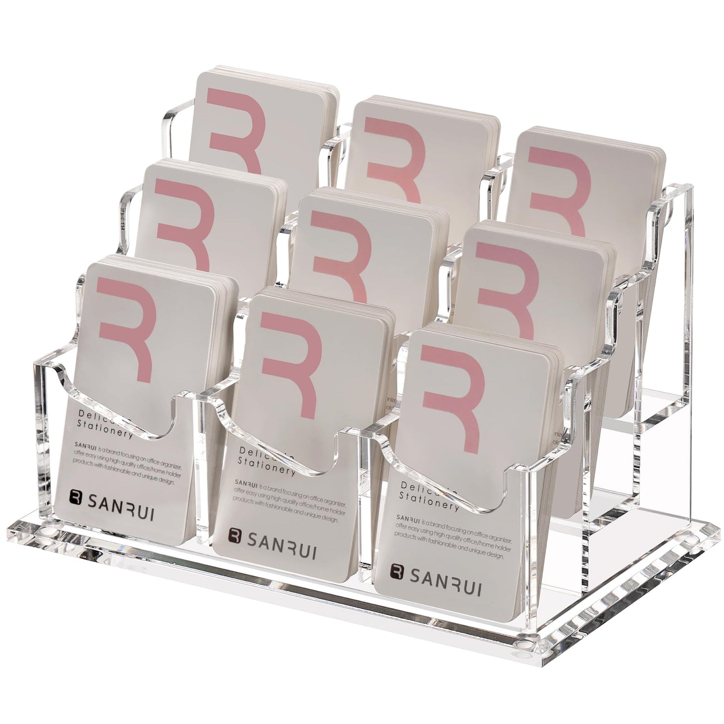 SANRUI Vertical Business Card Holder for Desk，Clear Acrylic Business Card Display Stand，9 Slots 3
