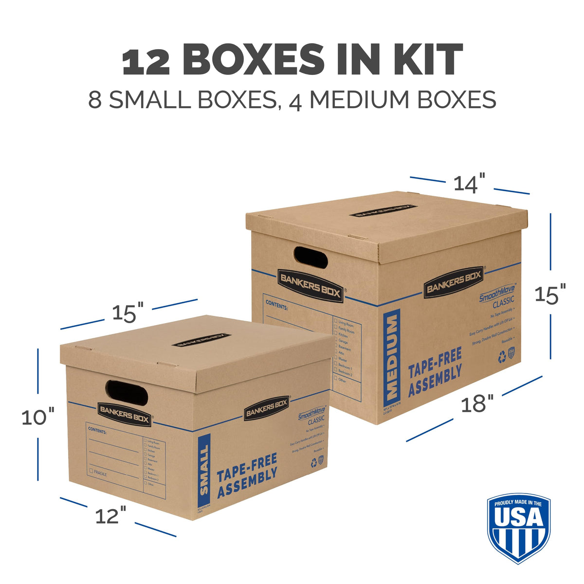 Bankers Box Classic Moving Box 12 Pack Kit, Reinforced Handles, Tape-Free Assembly, Box with Lid, 8