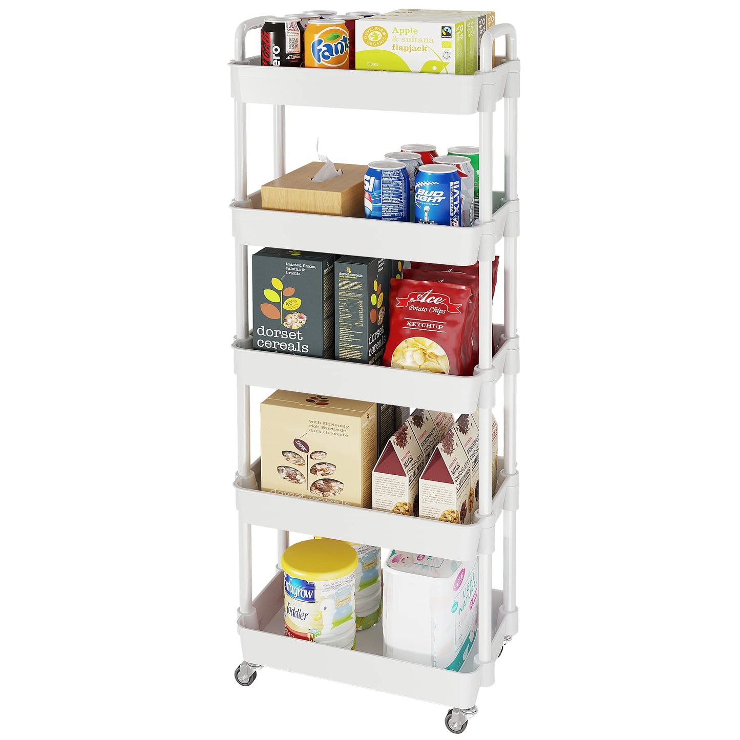 5 Tier Rolling Cart with Wheels, Utility Storage Carts,White