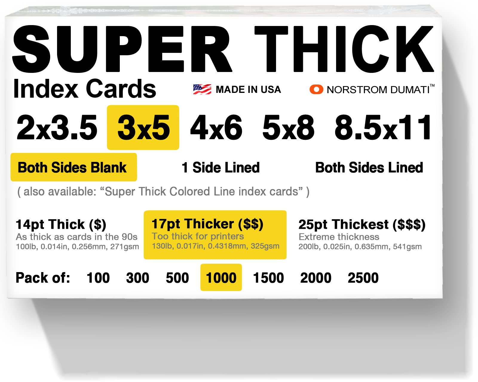 1,000 SUPER THICK index cards / 3"x5" / 17pt (0.017") 130lb / blank un-ruled/archival acid-free in
