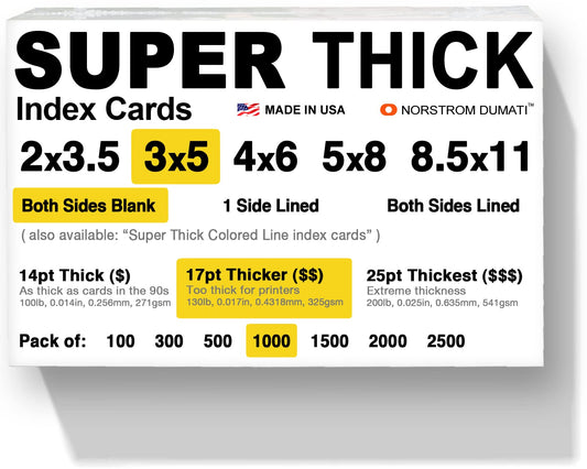1,000 SUPER THICK index cards / 3"x5" / 17pt (0.017") 130lb / blank un-ruled/archival acid-free in