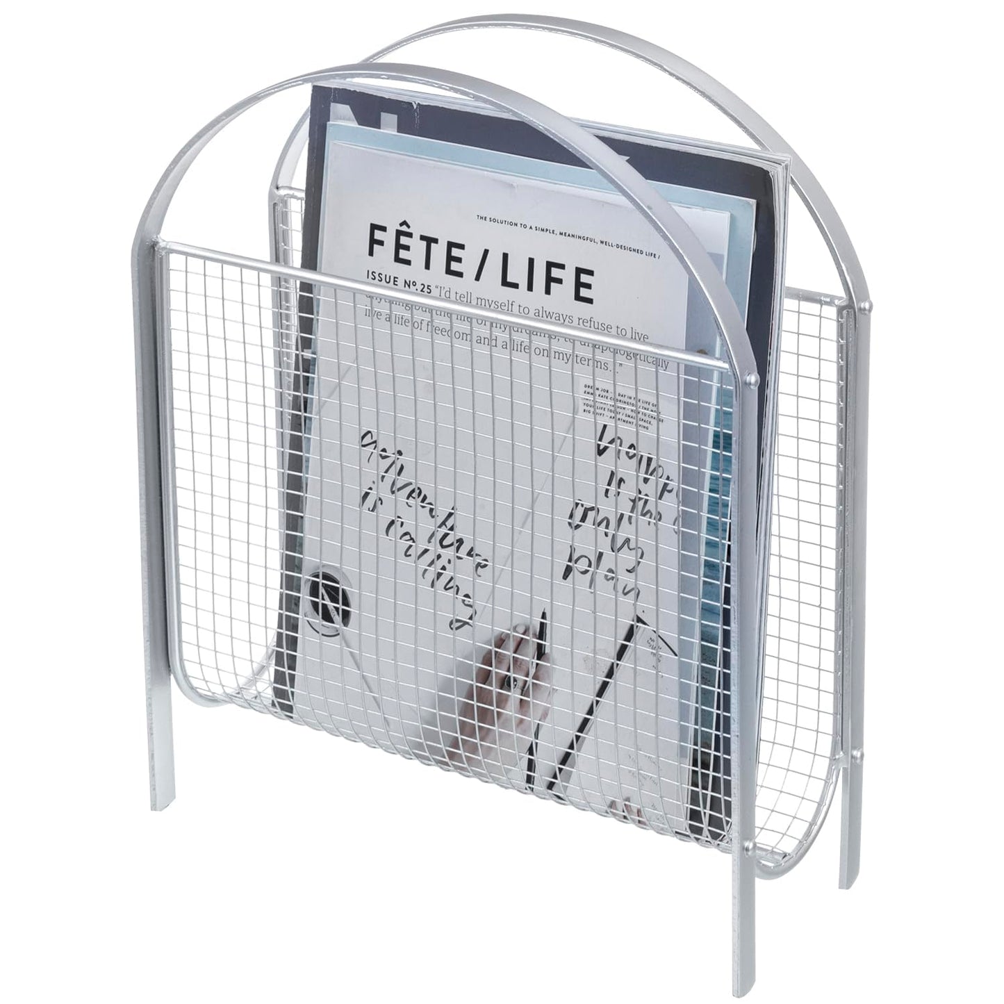 MyGift Mid-Century Silver Metal Mesh Magazine Rack, Freestanding Holder