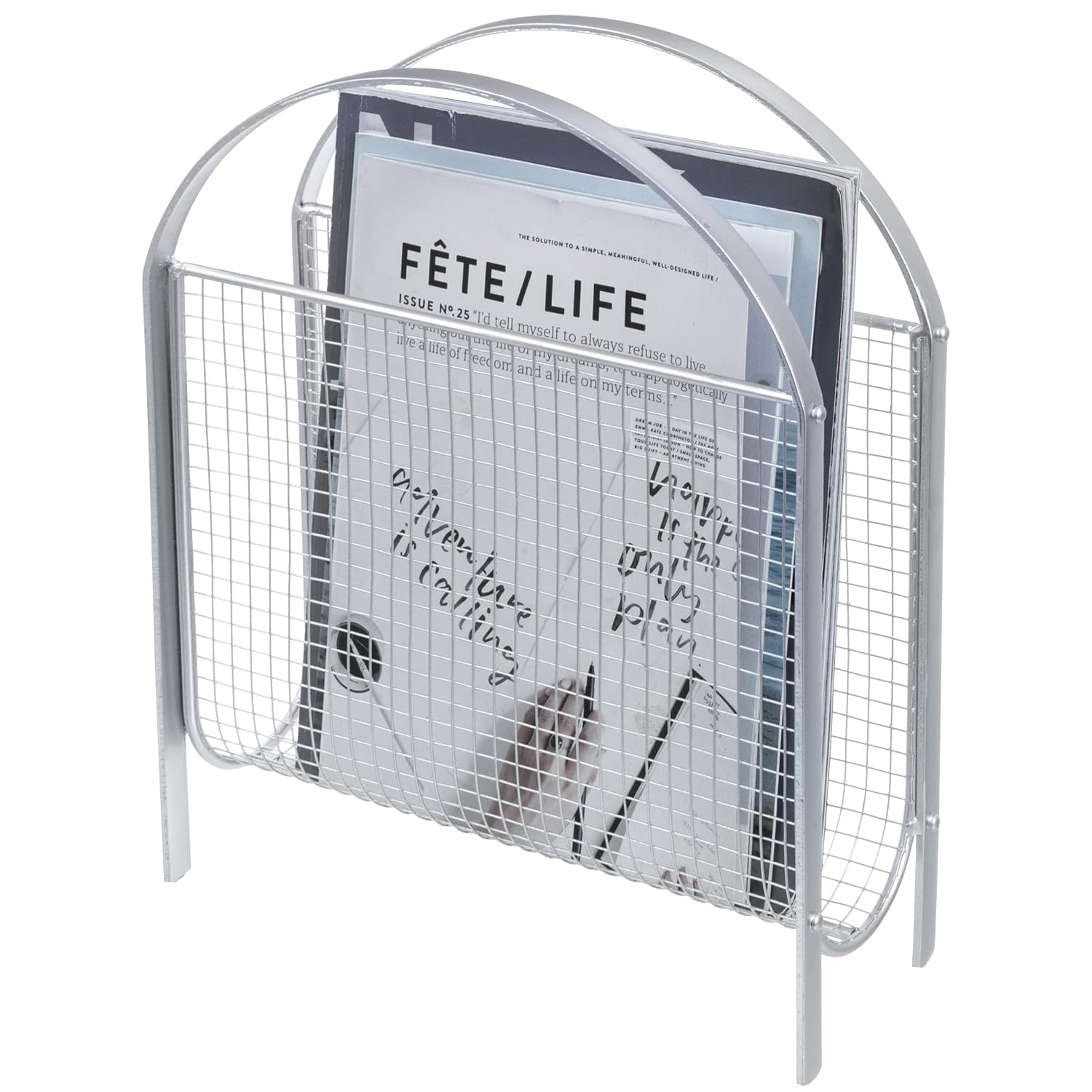 MyGift Mid-Century Silver Metal Mesh Magazine Rack, Freestanding Holder
