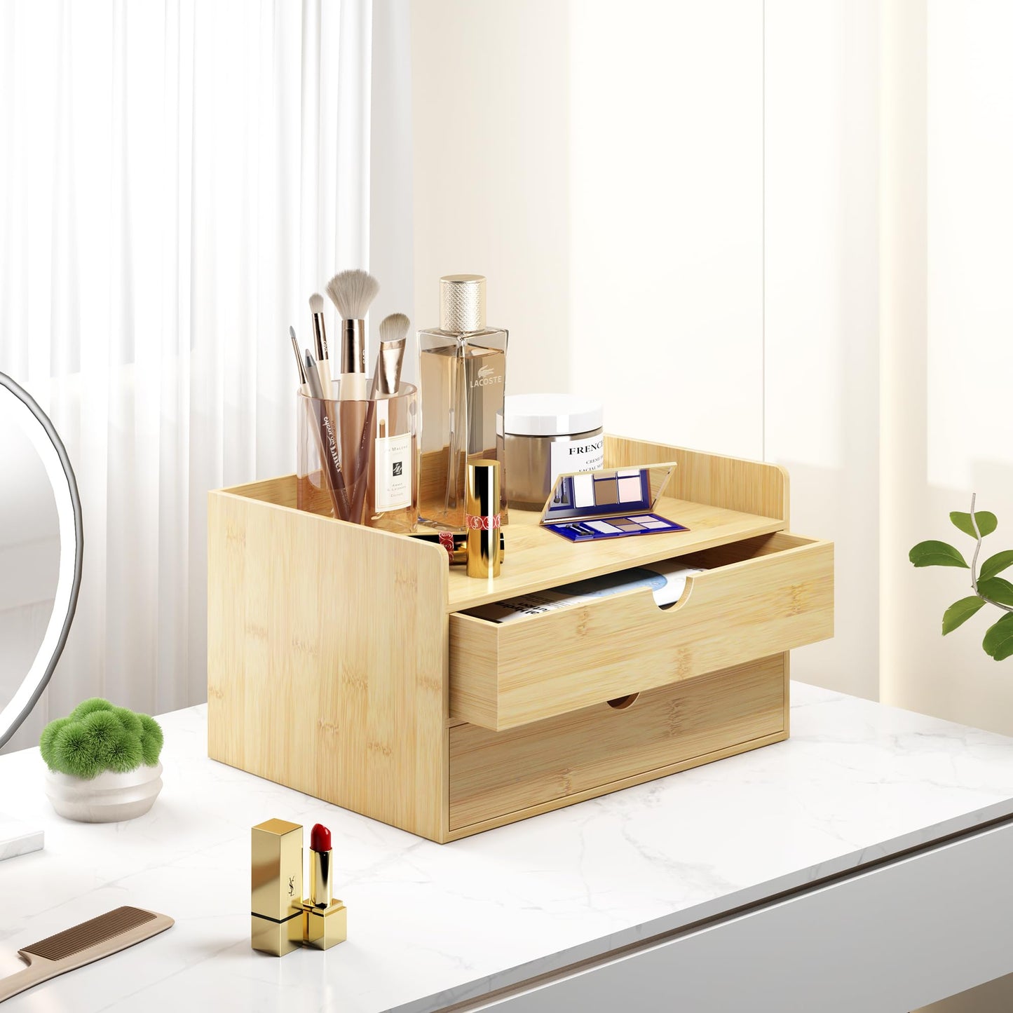 Wisuce Bamboo Desk Drawer Organizer, 2 Drawer Desktop Organizer with Drawers Tabletop Storage