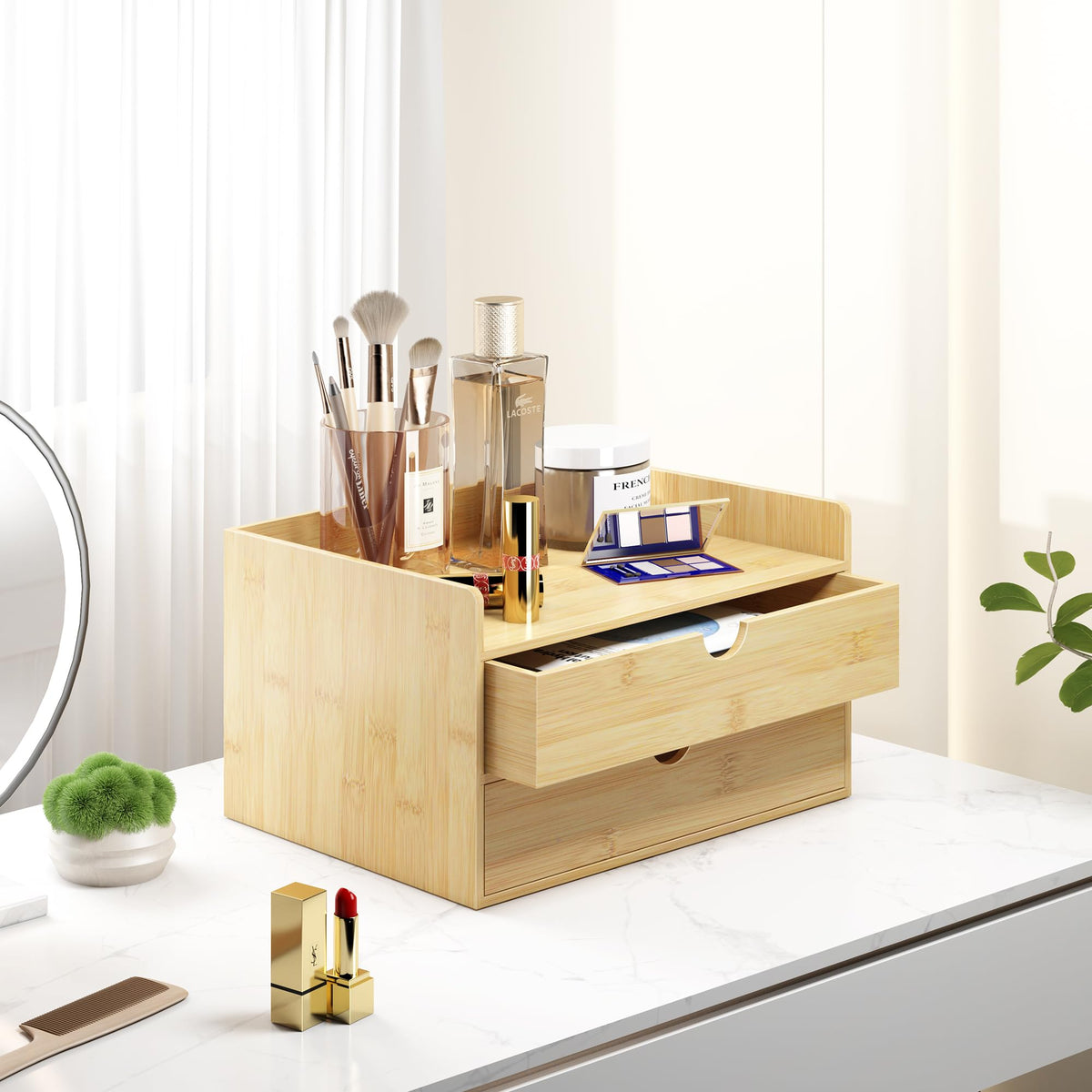 Wisuce Bamboo Desk Drawer Organizer, 2 Drawer Desktop Organizer with Drawers Tabletop Storage