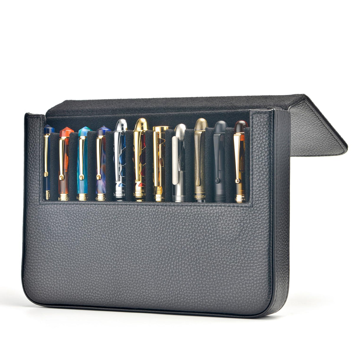 Lanxivi 12 Fountain Pen Case Genuine Black Leather Organizer, Portable Pen Bag Pouch Drawer Style