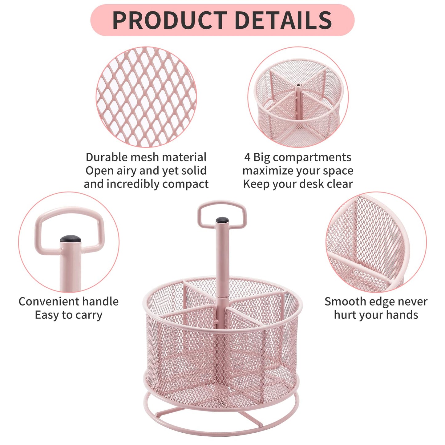 Marbrasse Mesh Desk Organizer, 360-Degree Rotating Multi-Functional Pen Holder, 4 Compartments