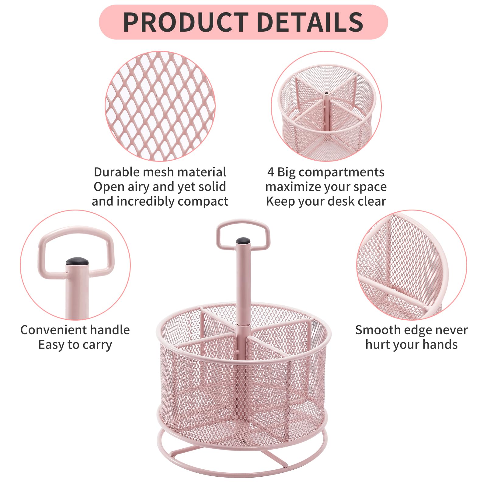 Marbrasse Mesh Desk Organizer, 360-Degree Rotating Multi-Functional Pen Holder, 4 Compartments