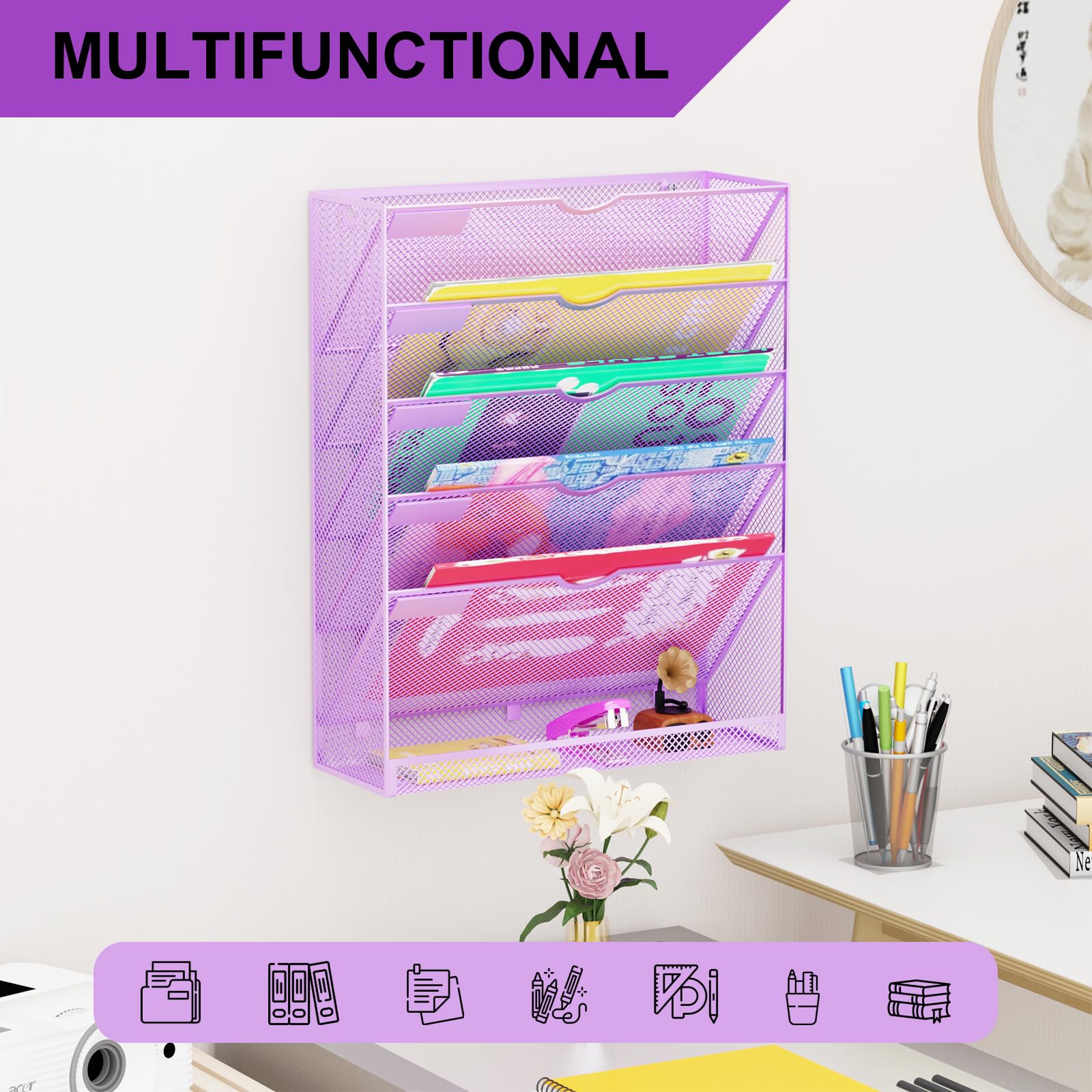 GDINDINFAN Hanging Wall File Organizer 6 Tier Wall Mounted Mail Paper Folder Holder Document