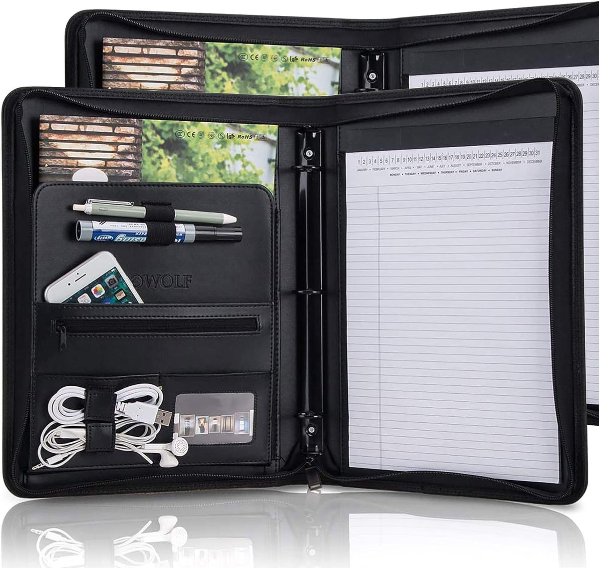 OOWOLF Portfolio Business Padfolio Folder with Zipper 3 Ring, Conference Meeting Executive File