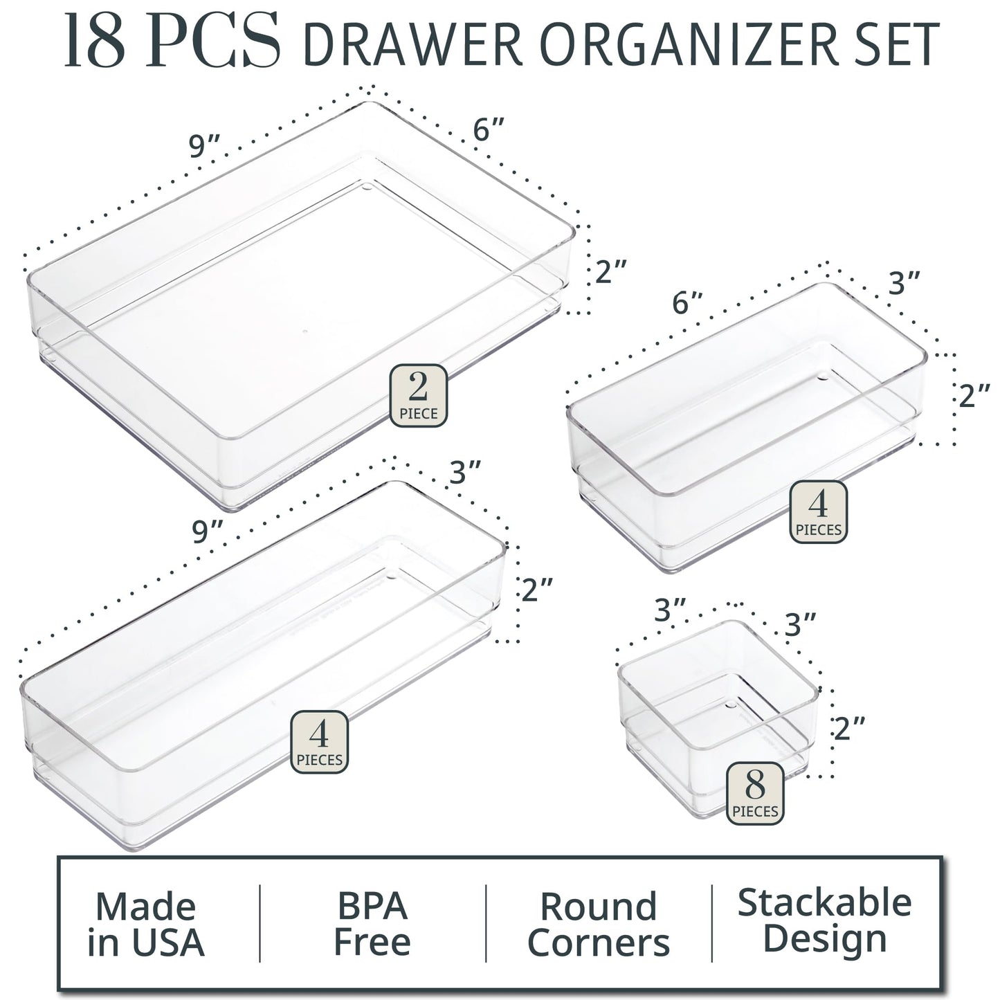 STORi SimpleSort 18-Piece Stackable Clear Drawer Organizer Set | Multi-size Trays | Makeup Vanity