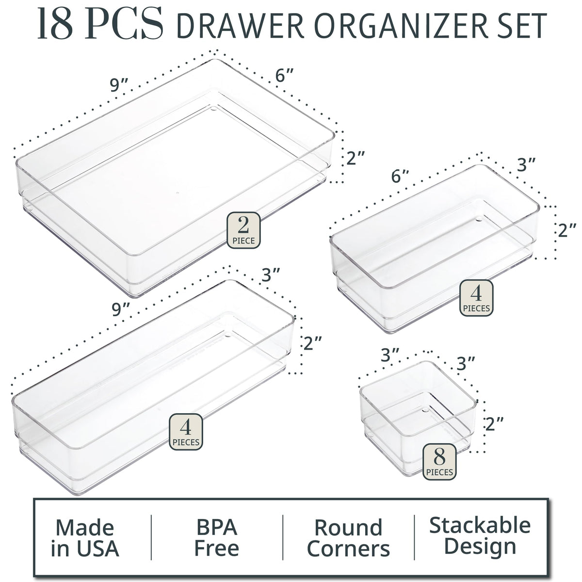 STORi SimpleSort 18-Piece Stackable Clear Drawer Organizer Set | Multi-size Trays | Makeup Vanity