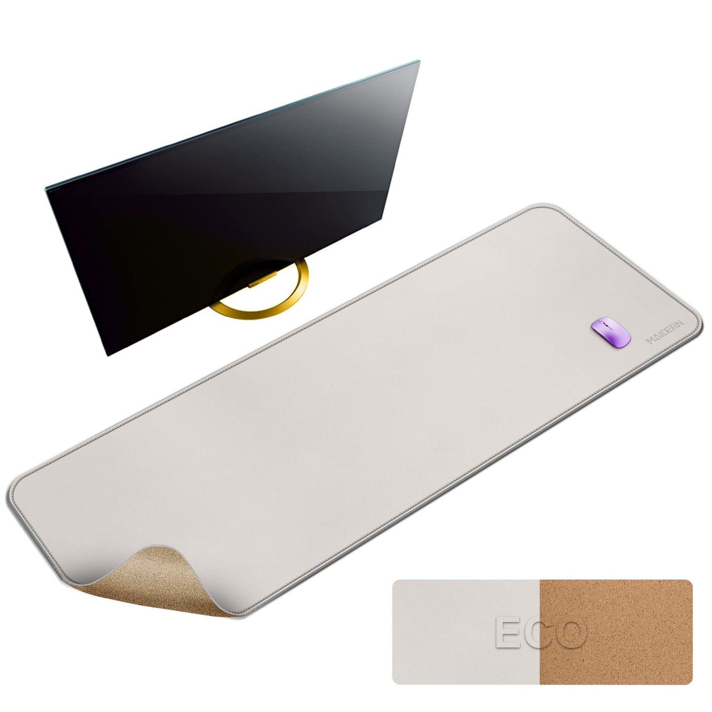 MAIDERN 55” x 24” Cork & Leather Desk Pad, Large XXL Desk Mat (Cream)
