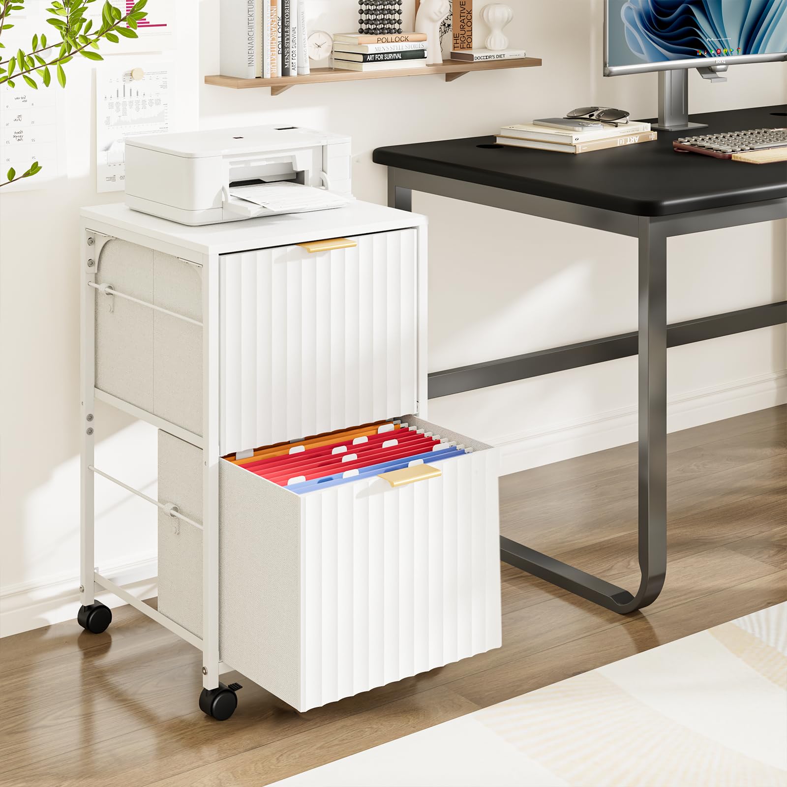 Bonnlo 2 Drawer Mobile File Cabinet, Rolling Fluted Filing Cabinet Under Desk File Cabinet with