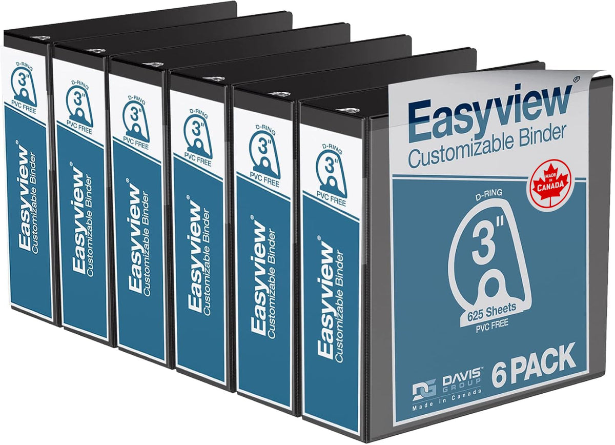 Easyview 3-Ring Binder, Clear-View Cover, 3" D Rings, Black, 6 Pack