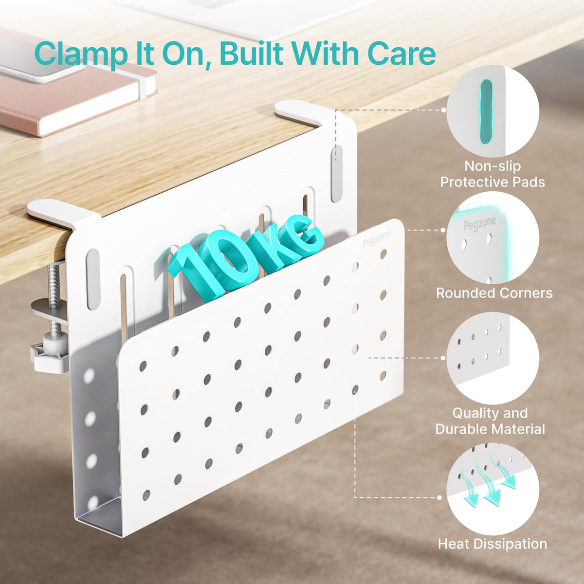 PEGZONE Desk Side Storage Organizer, Fits Flat Edge 0.4" to 2.2", White