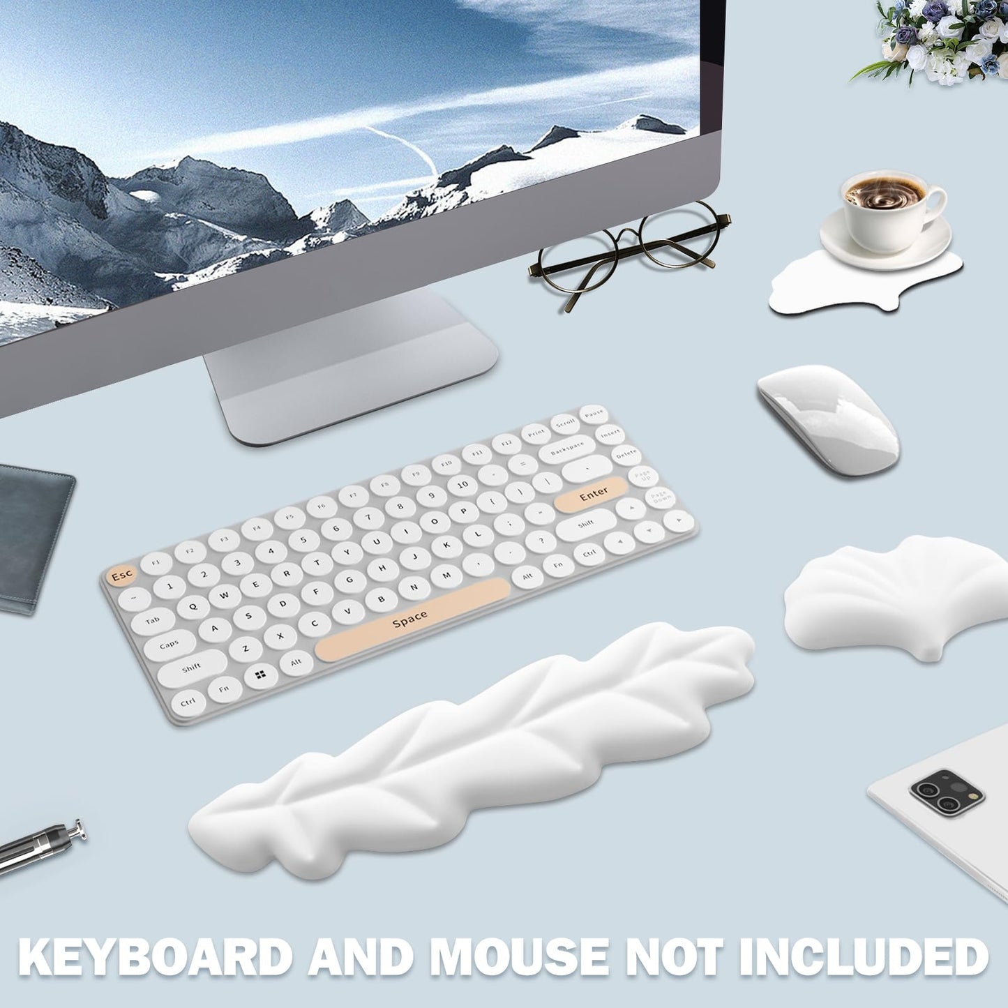 Lauspuck Keyboard Wrist Rest Pad Set, Leaf Shape PU Leather Memory Foam Wrist Cushion Support,Mouse