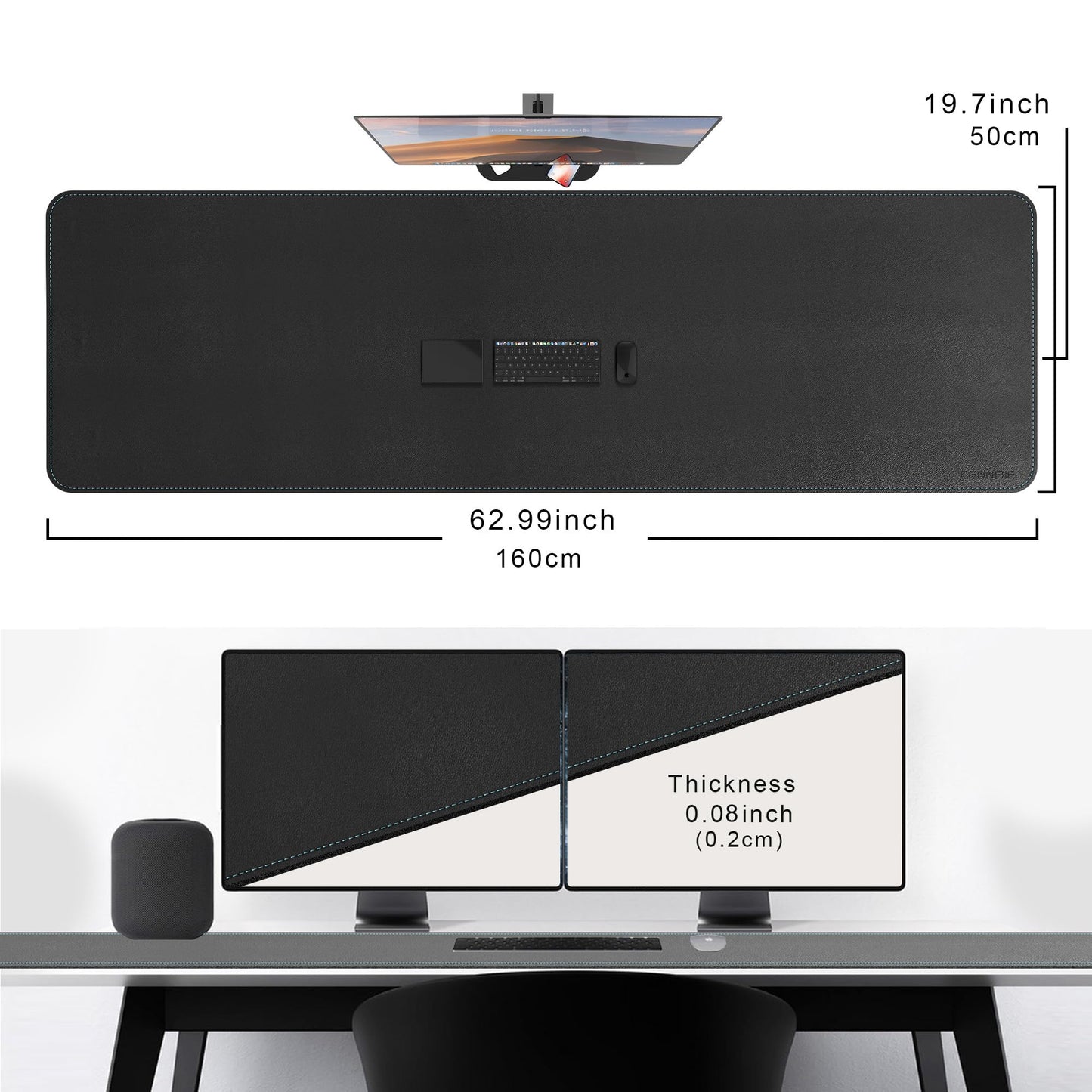 CENNBIE Leather Desk Mat Large, 63" x 19.6" Desk Pad Protector(Black)