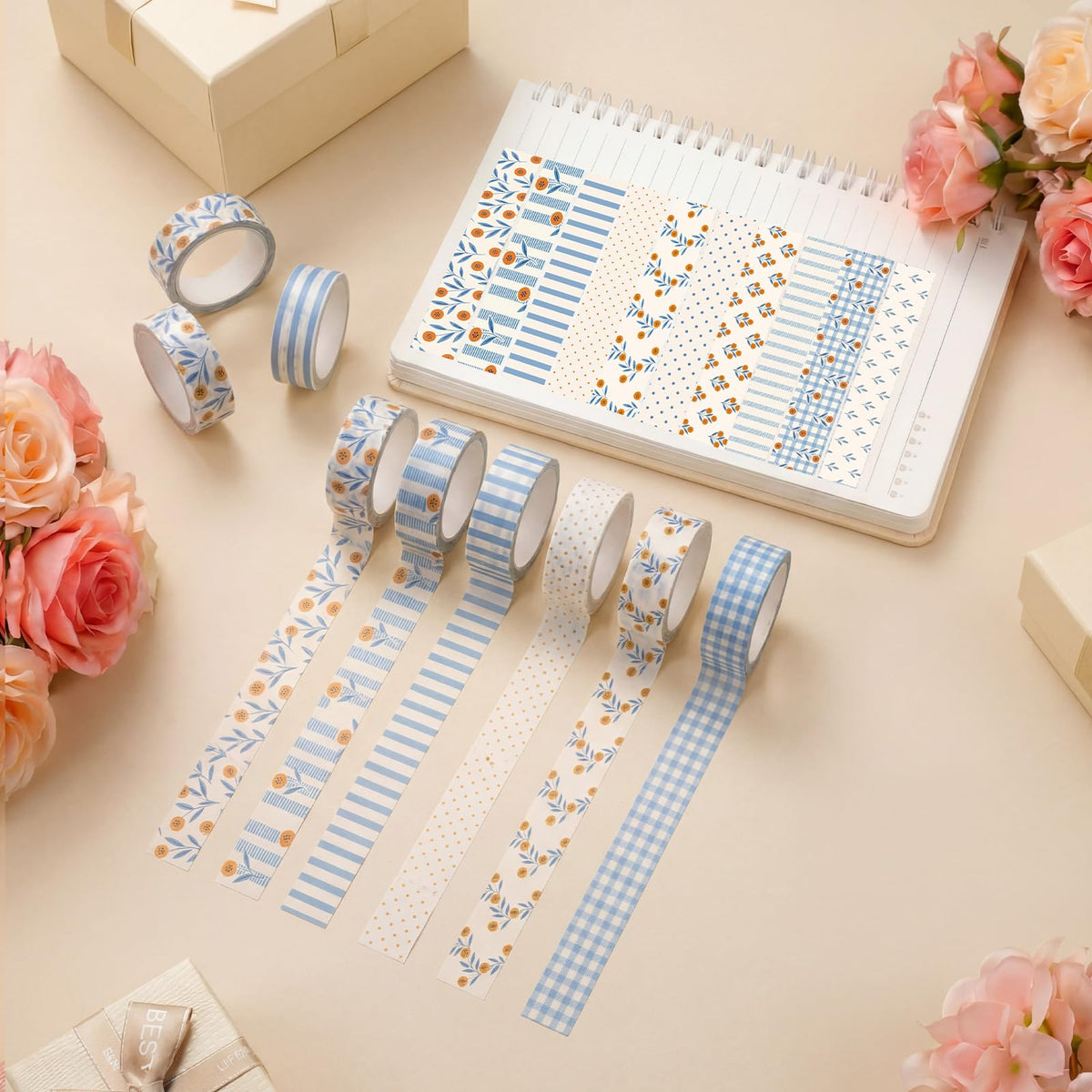 YooNotee 12 Rolls Floral Washi Tape Set,Beige and Blue,Floral Plaid