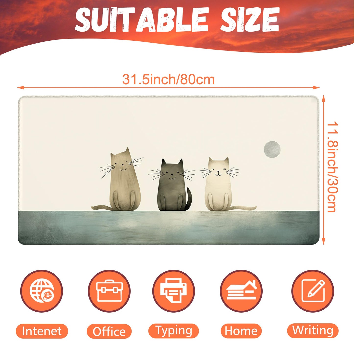 KOAIWPAE Desk Pad, Three Smiling Cartoon Cats Desk Mat, Large Gaming Mouse Pad, 31.5"x15.7"