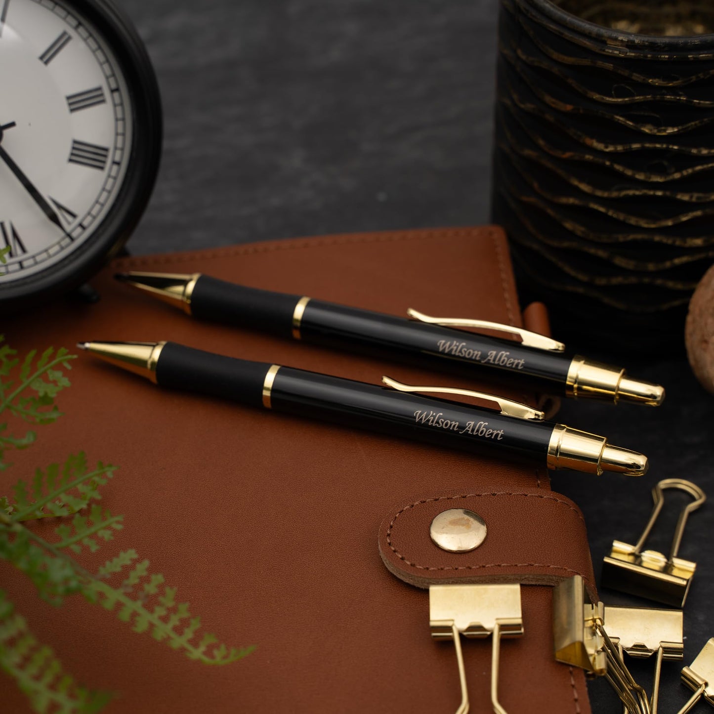 Dayspring Pens Monroe Personalized Pen and Pencil, Black Lacquer, Gold Trim