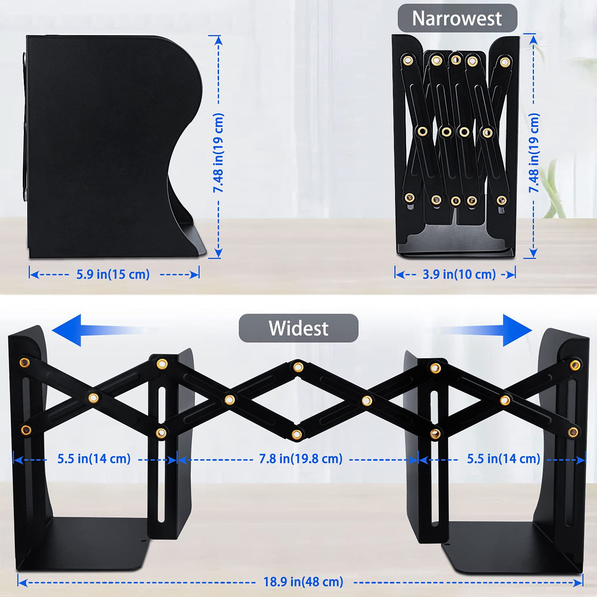 Non Skid Book Ends to Hold Books, Carooyac Metal Adjustable Book Ends Decorative Bookends for Home