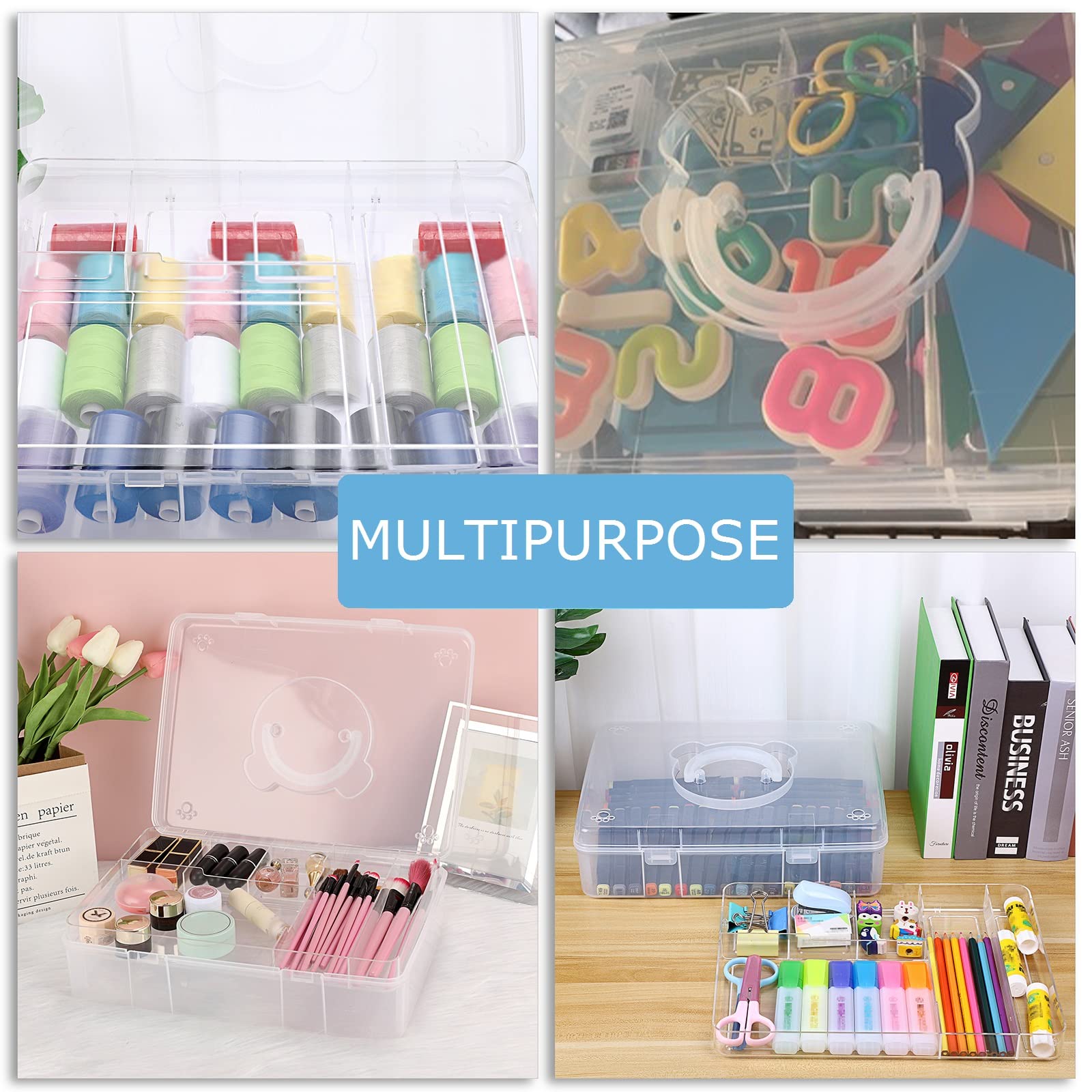BTSKY 2-Tier Cute Bear Storage Box with Removable Divided Tray Portable Clear Plastic Art Craft