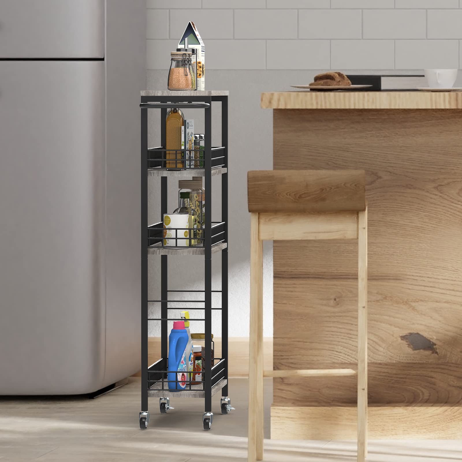 NOVIMANGO Slim Storage Cart Narrow Kitchen Cart 4 Tier, Grey