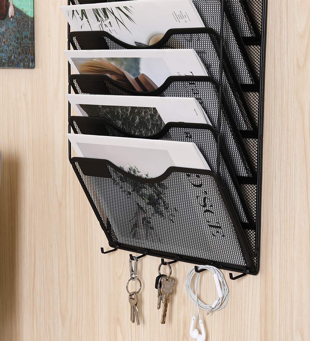 EasyPAG 8 Pocket Mesh Wall File Organizer with Key Hooks, Hanging Paper Folder Holder with Classify