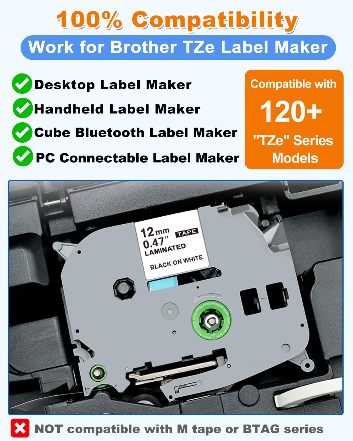 Compatible with Brother P Touch Label Maker Tape TZe 12mm 0.47"
