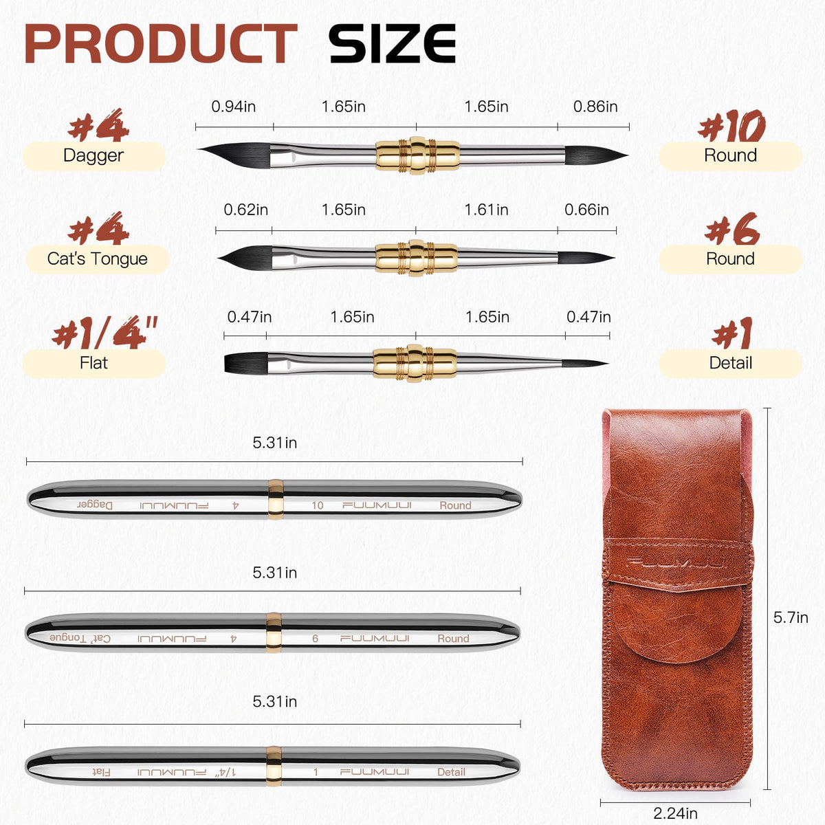 Fuumuui 3pcs Dual-Tip Travel Watercolor Brushes with 6 Versatile Tip Styles, Premium Synthetic
