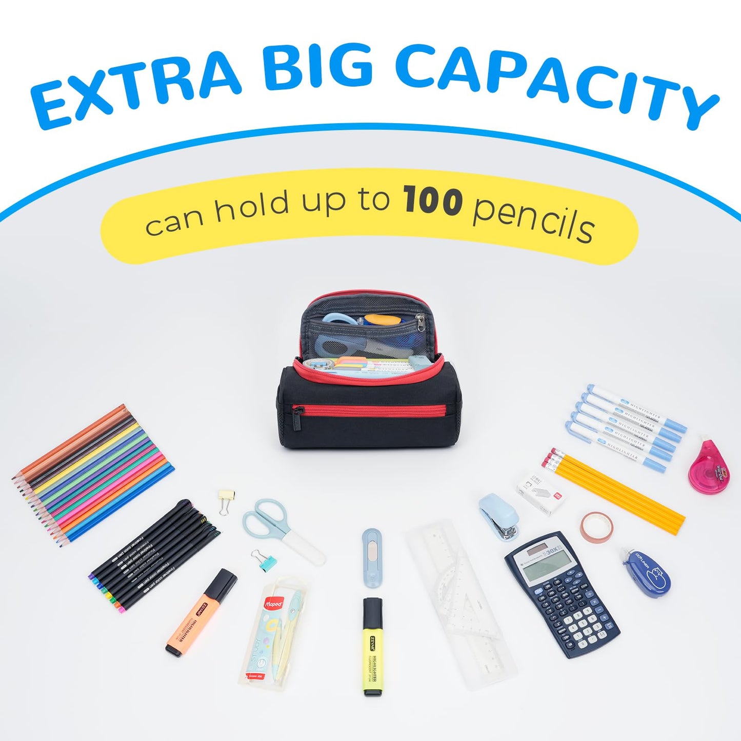 ECHSRT Large Pencil Case Organizer, Big Capacity U-Shaped Pen Pouch, Black