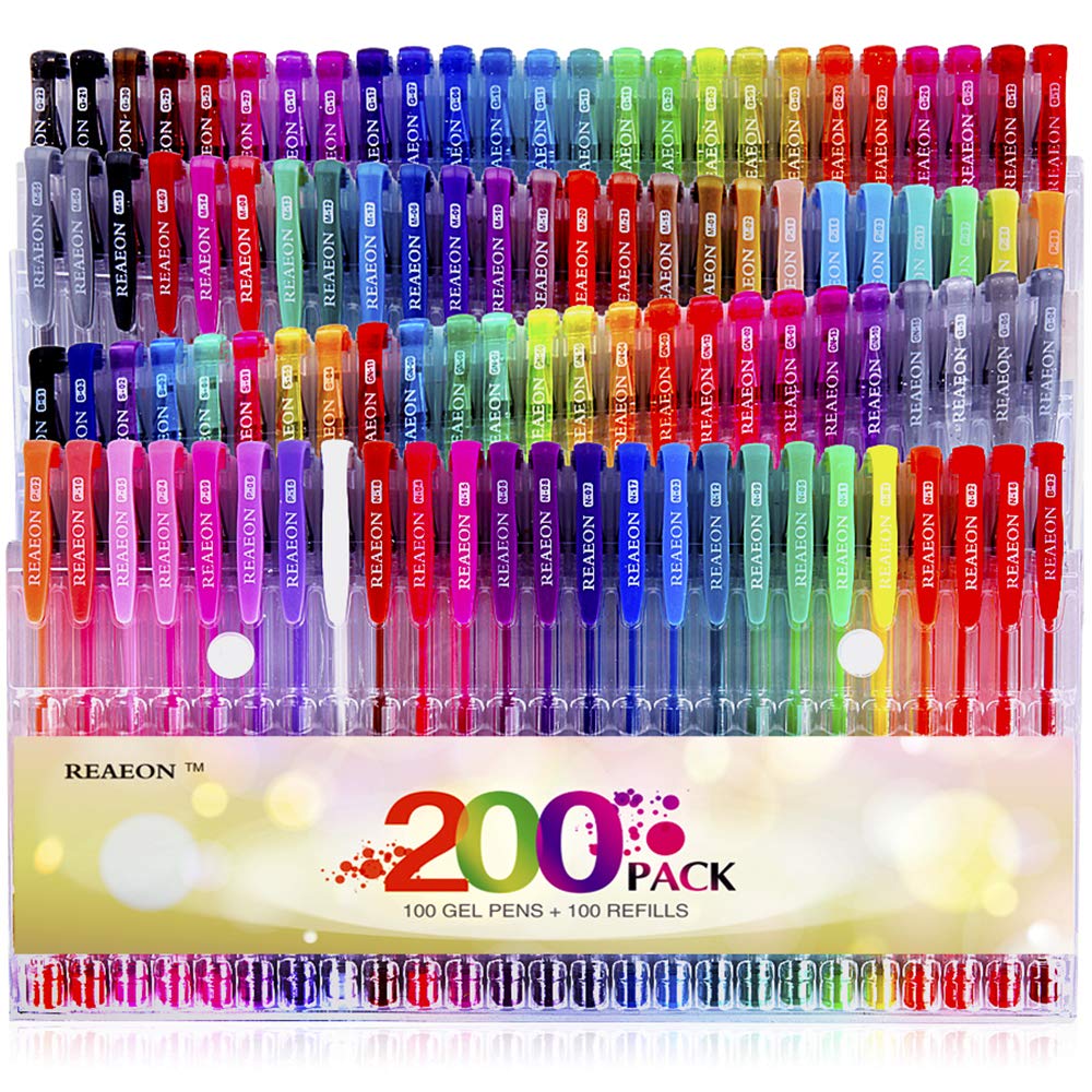 Gel Pens, Reaeon 200 Pack Pen with Case for Adult Coloring Books, 100 Color Markers Plus 100