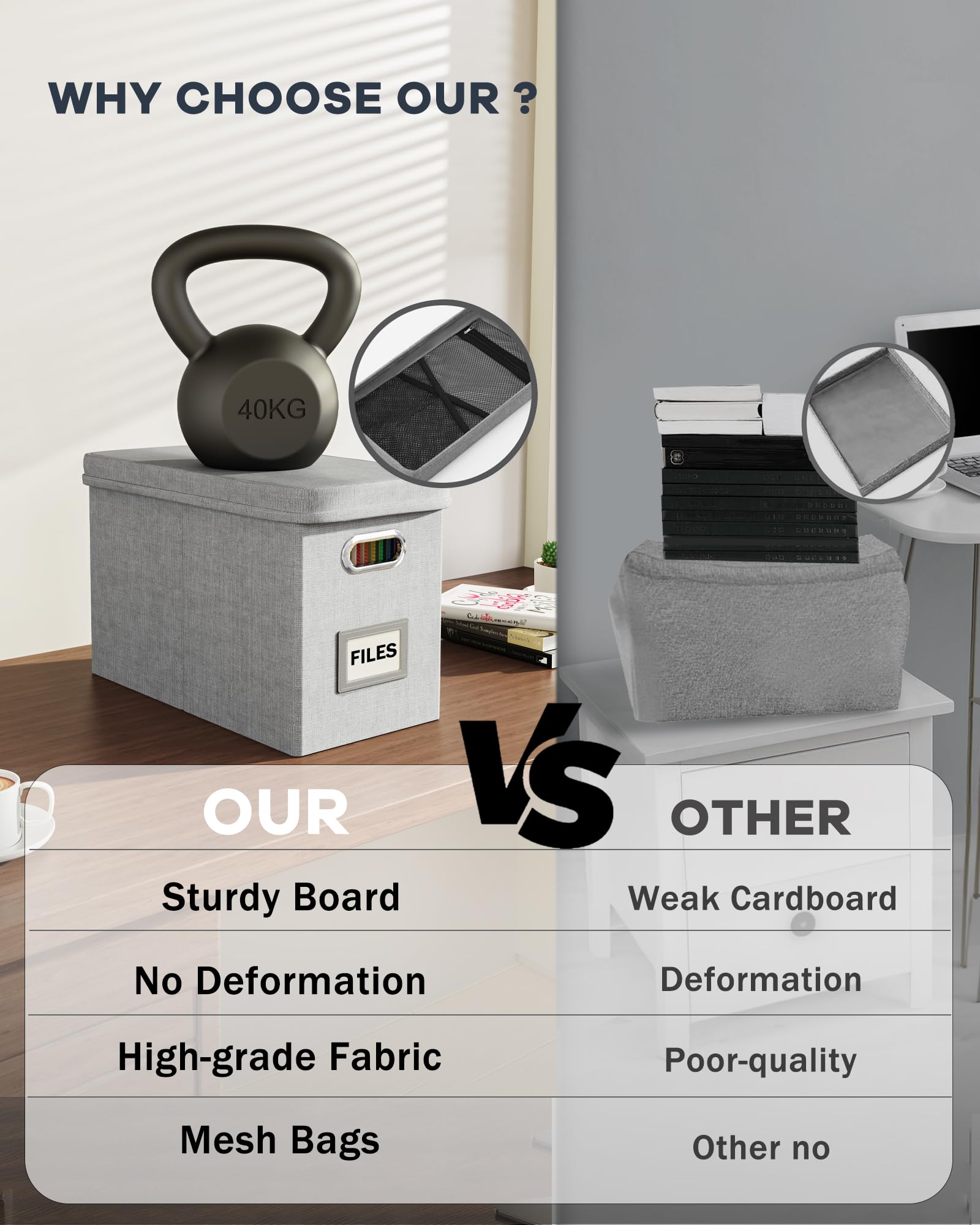 Oterri File Organizer Box with Lid, Hanging Filing File Box with Mesh Pocket, Document Organizer