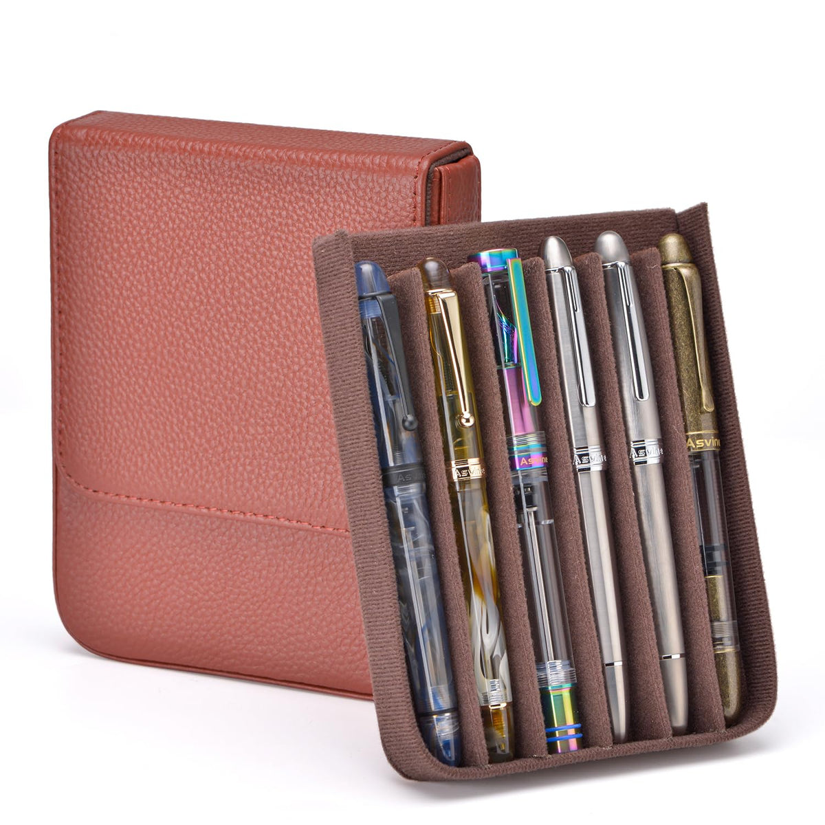 Lanxivi Genuine Leather Fountain Pen Case 6 Slot Coffee Leather Organizer, Portable Pen Bag Pouch
