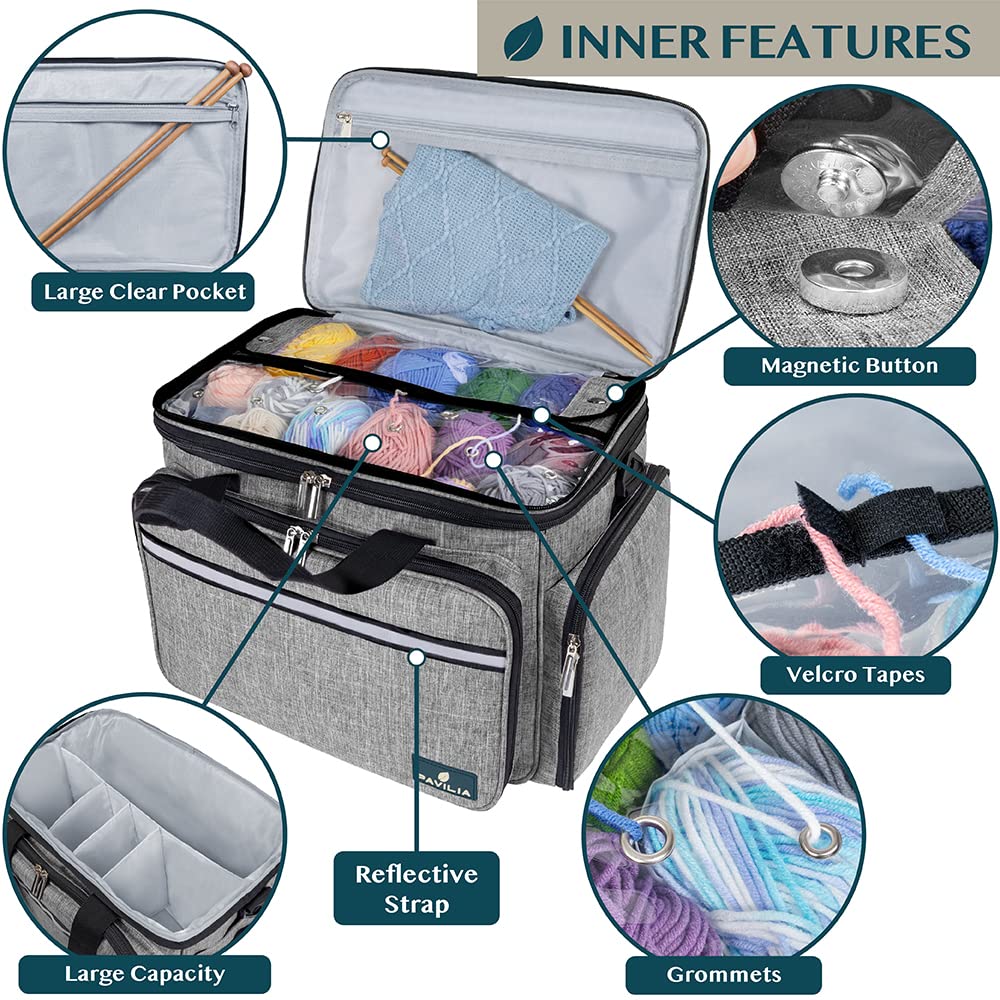 PAVILIA Large Knitting Yarn Storage Bag Crochet Organizer for Knitter, Grey